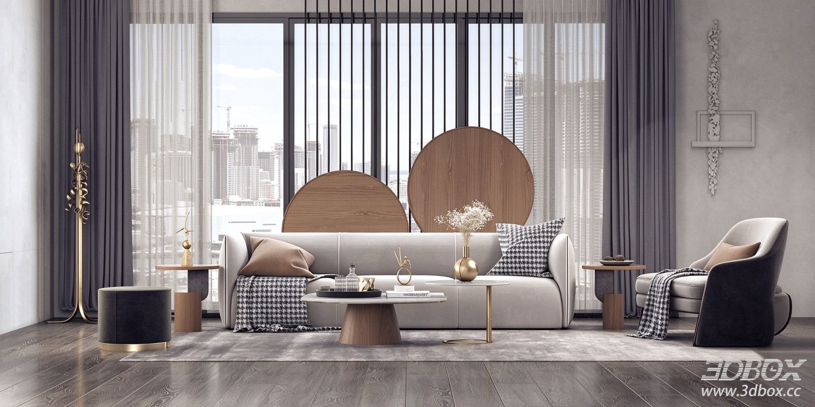 Modern Luxury Living Room with Sofa and Coffee Table Set 3D model - front view