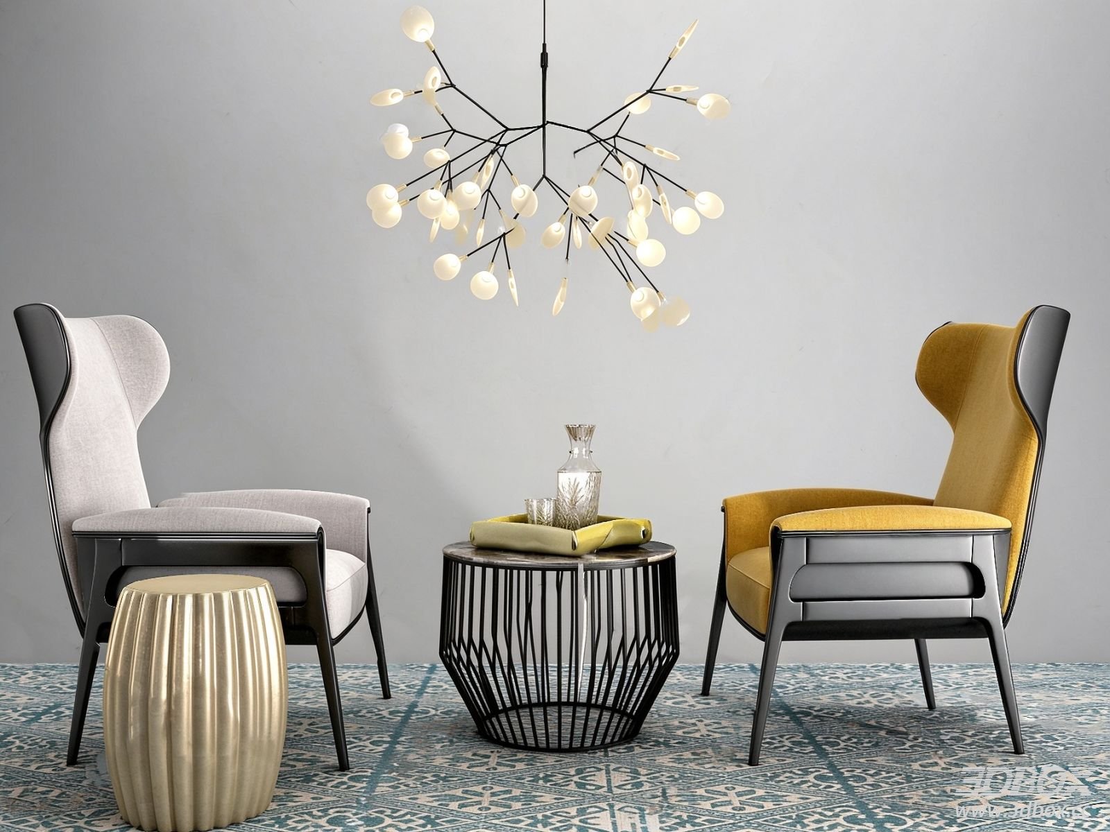 Modern Fabric Armchairs with Coffee Table and Decor Set 3D model - front view