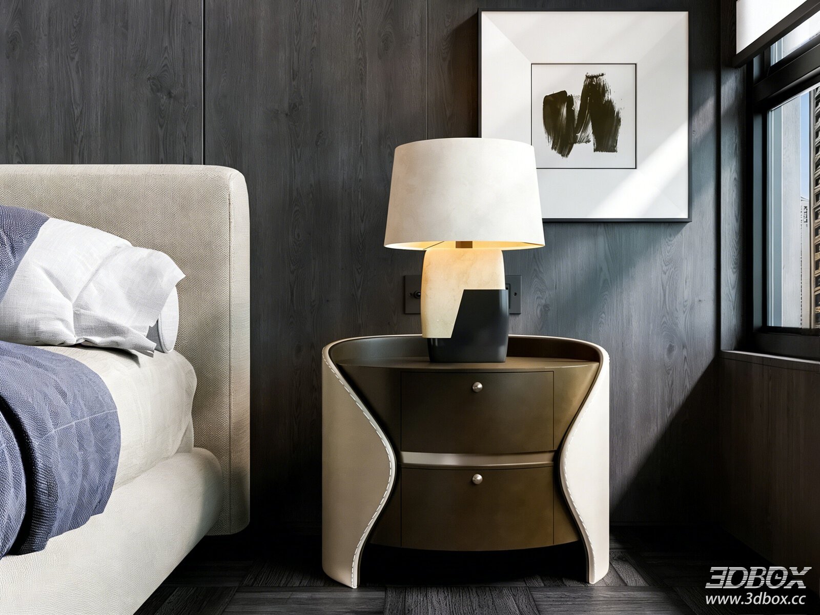 Modern Luxury Leather Marble Nightstand Side Table 3D model - front view