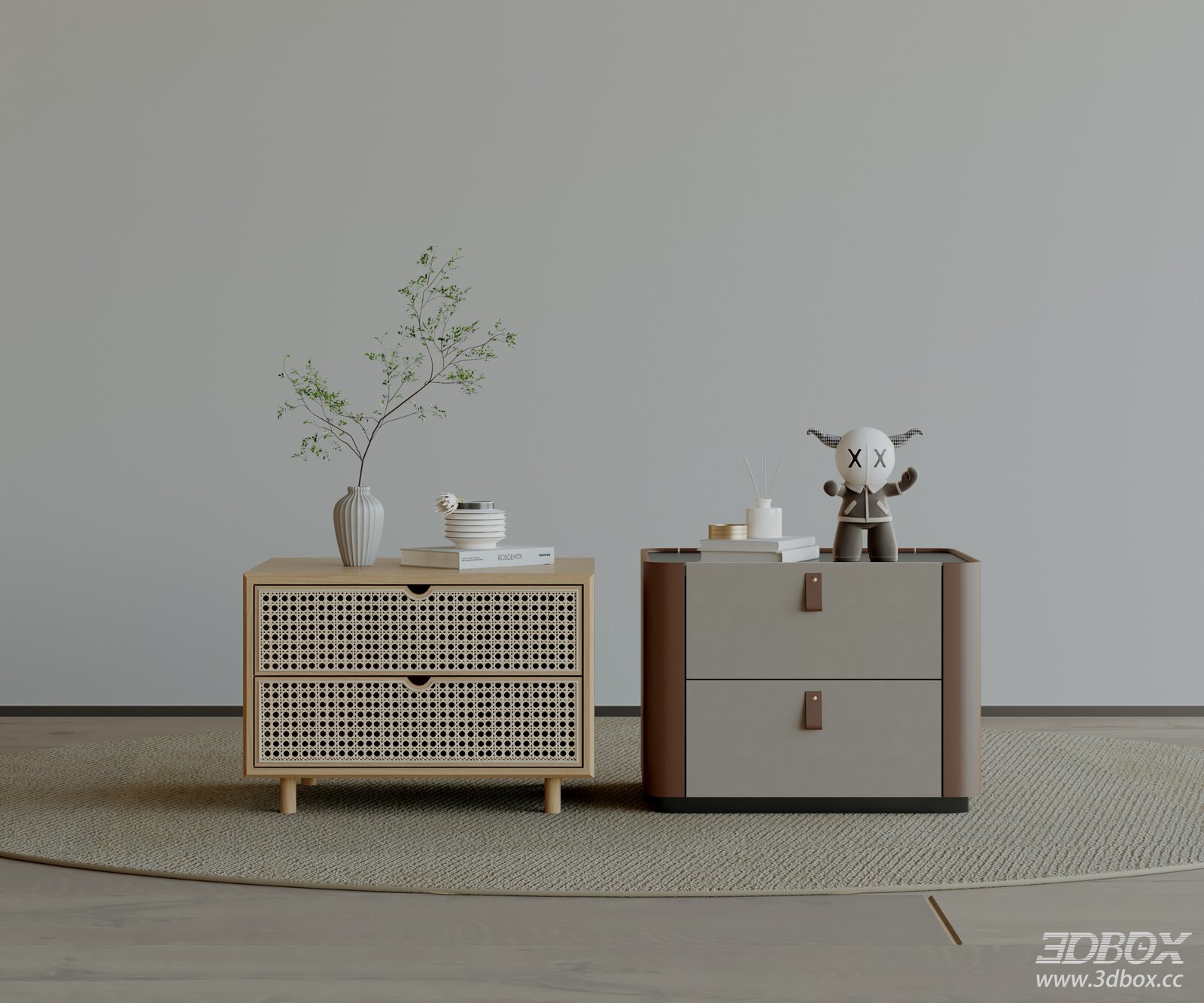 Modern Wooden Rattan Leather Nightstand Set 3D model - front view