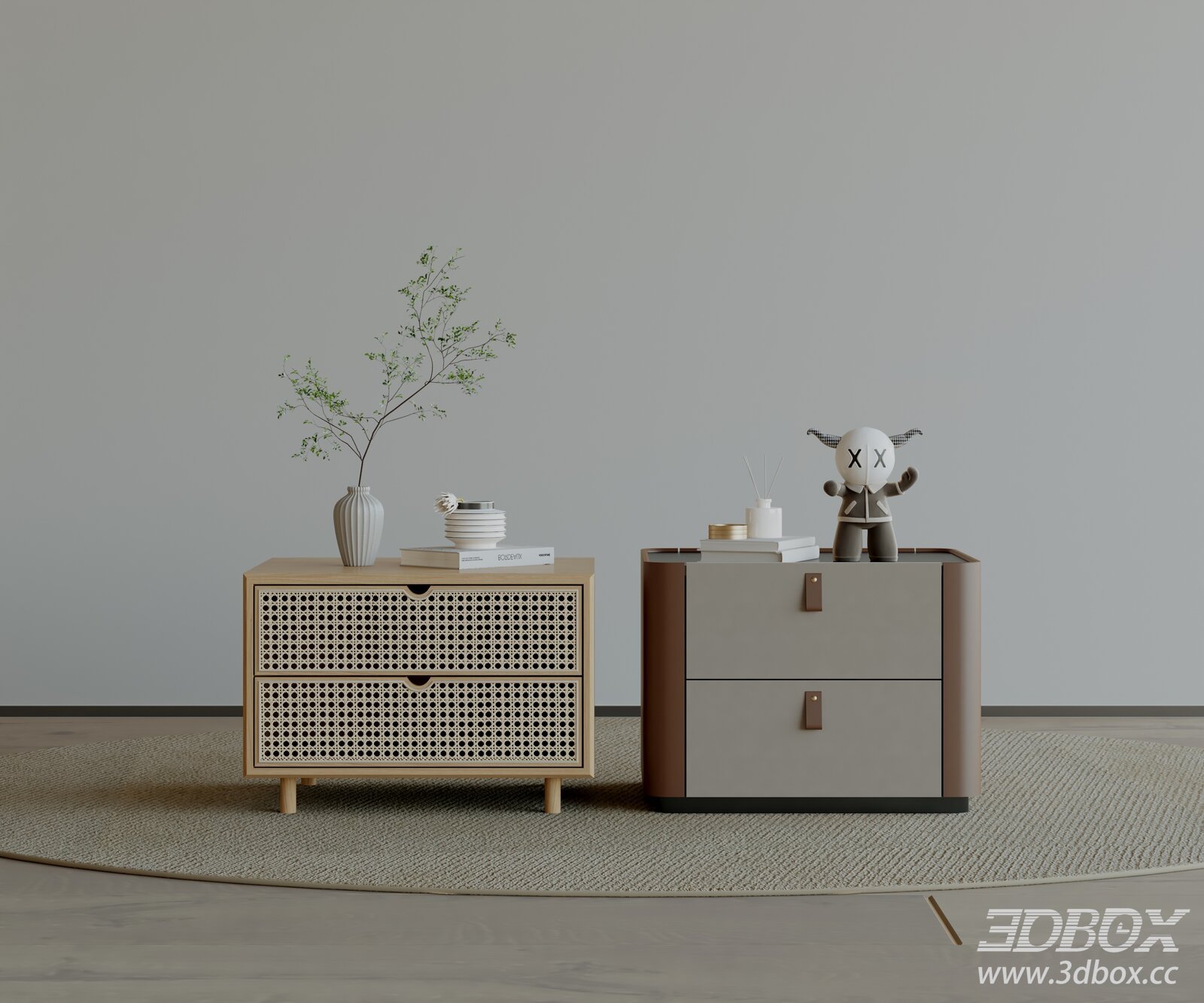 Modern Wooden Rattan Leather Nightstand Set 3D model - thumbnail 1