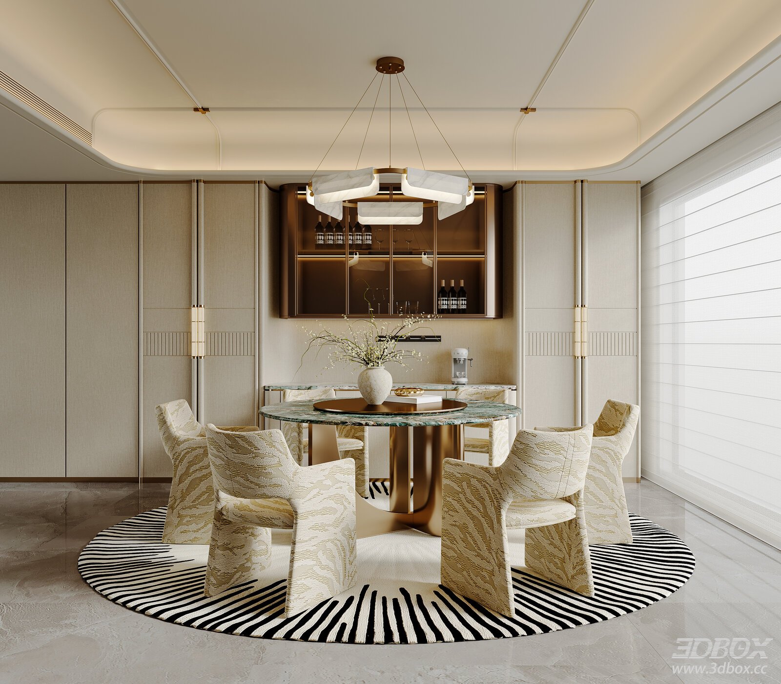 Italian Luxury Round Dining Room Set with Sideboard and Chandelier 3D model - front view