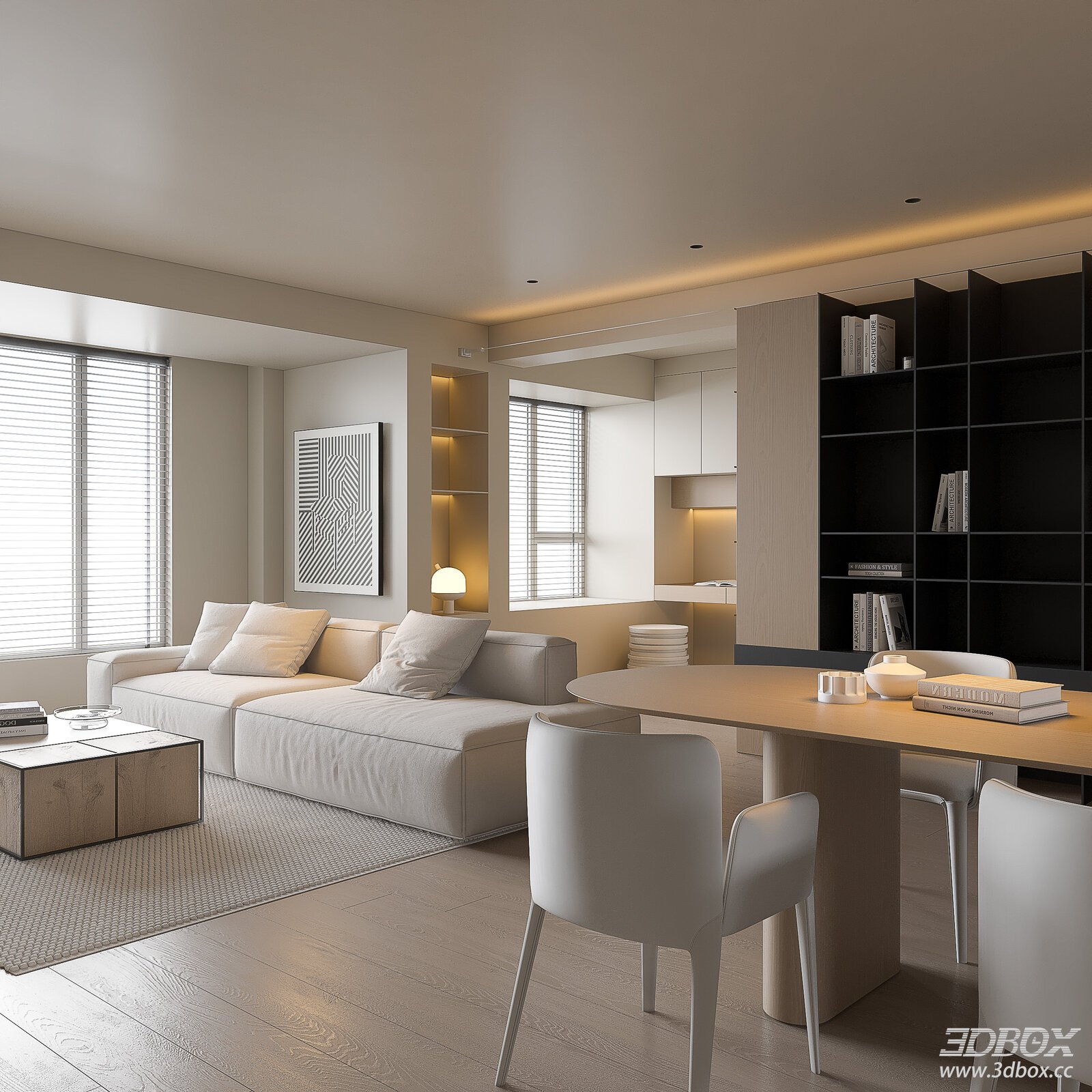 Modern Cream Style Living and Dining Room with Wood Furniture 3D model - front view