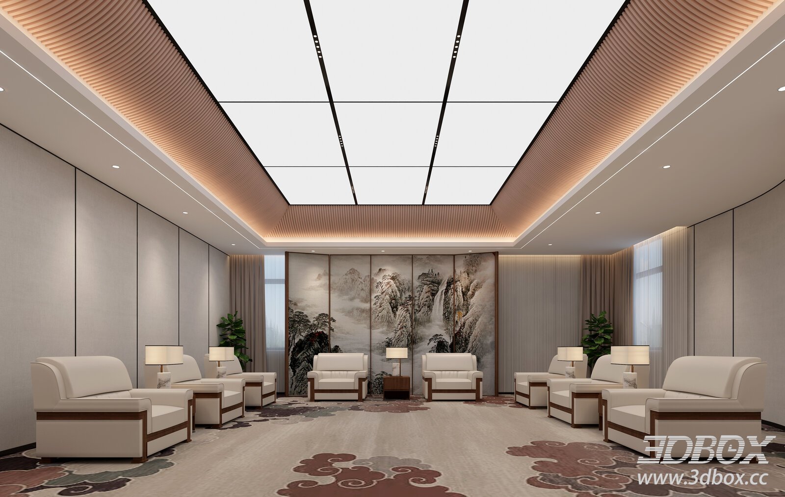 Modern Chinese Style VIP Reception Lounge 3D model - thumbnail 1