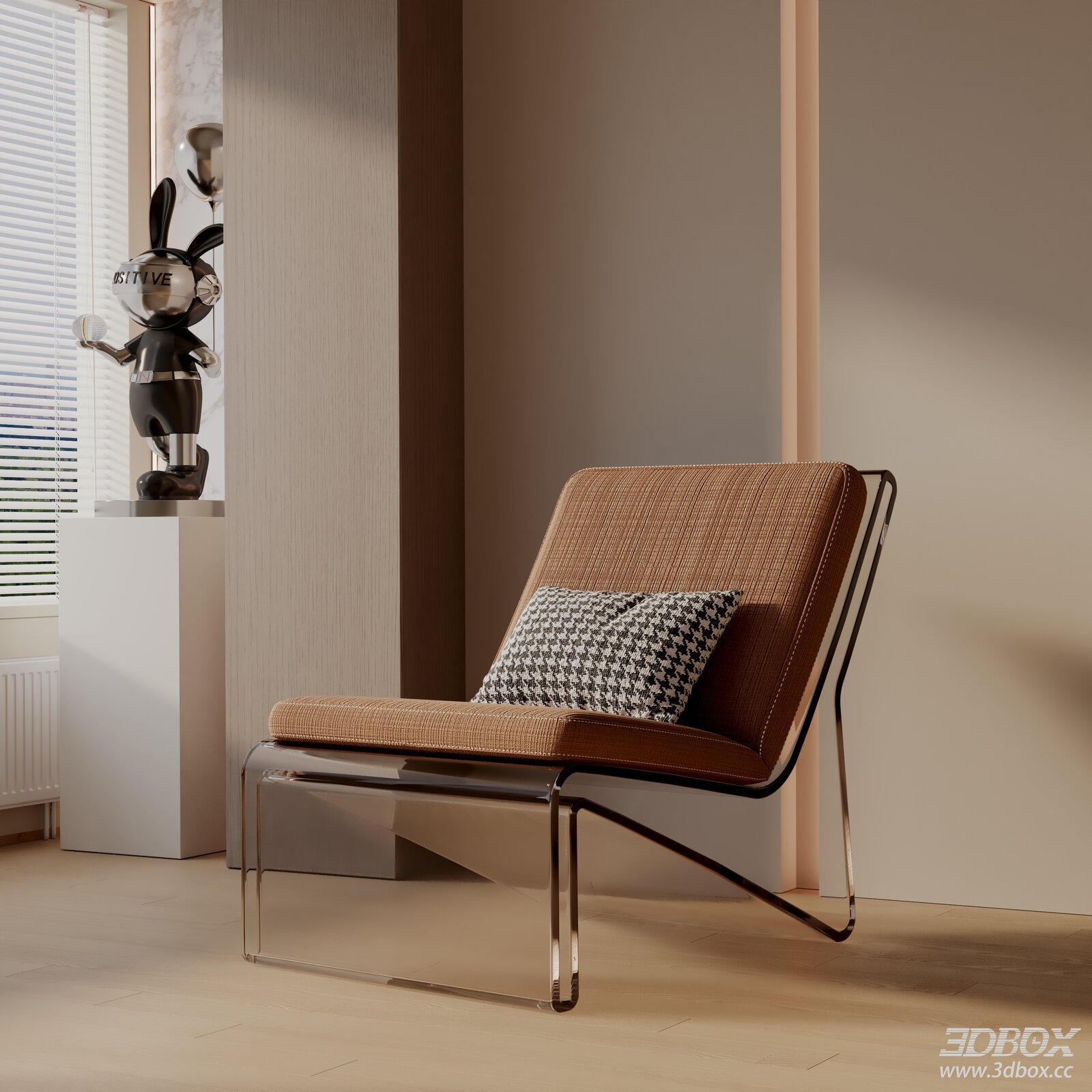 Modern Fabric Lounge Armchair with Acrylic Base 3D model - front view