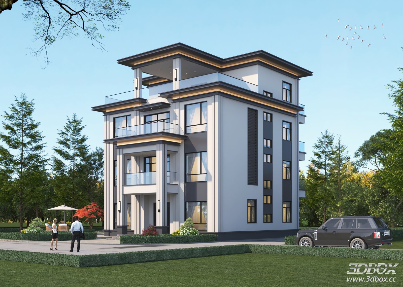 New Chinese Style Detached Villa Exterior Scene 3D model - front view