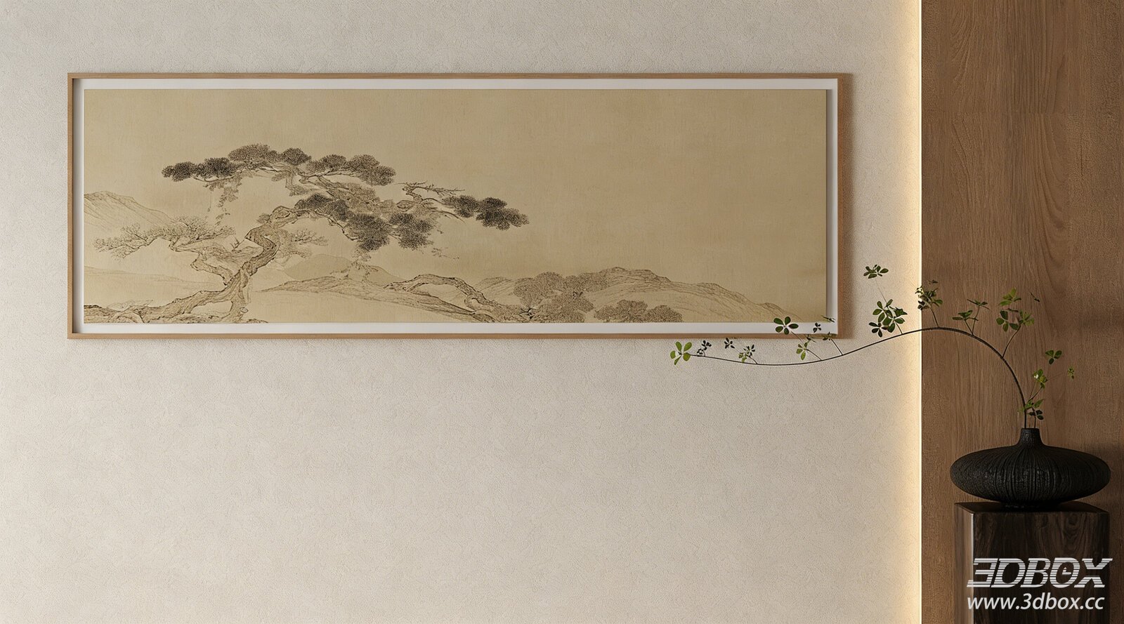 Vintage Chinese Style Pine Landscape Wall Art Frame 3D model - front view