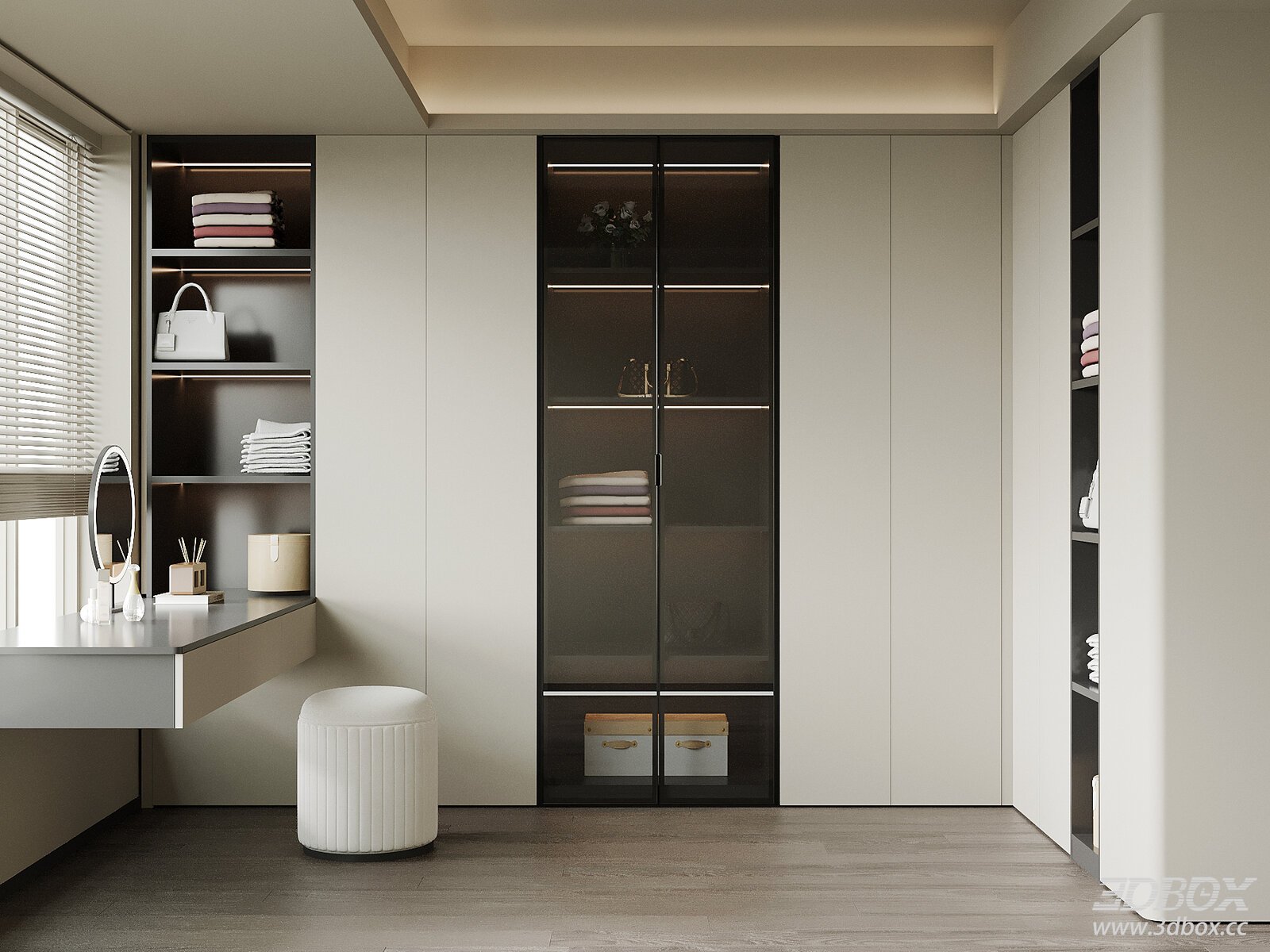 Modern Minimalist Dressing Room with Wardrobe and Dressing Table 3D model - front view