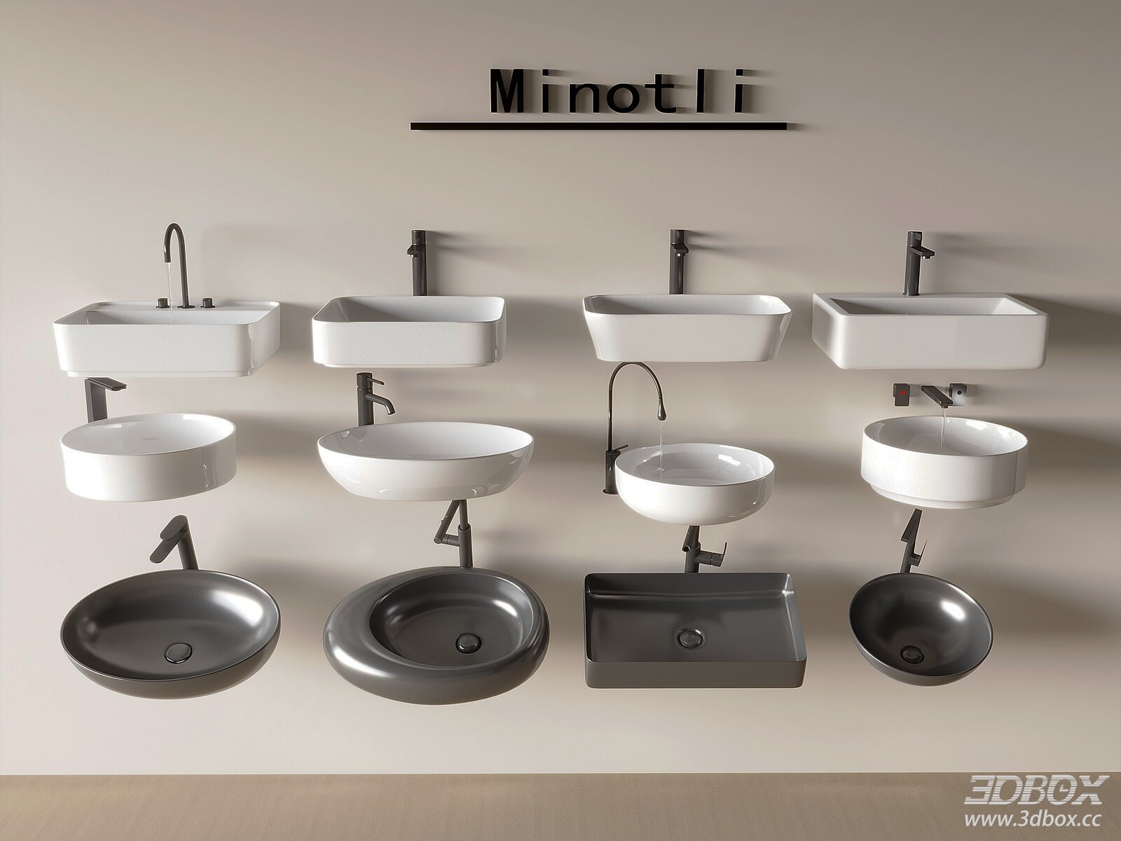 Modern Ceramic Wash Basin Set with Black Faucets 3D model - front view
