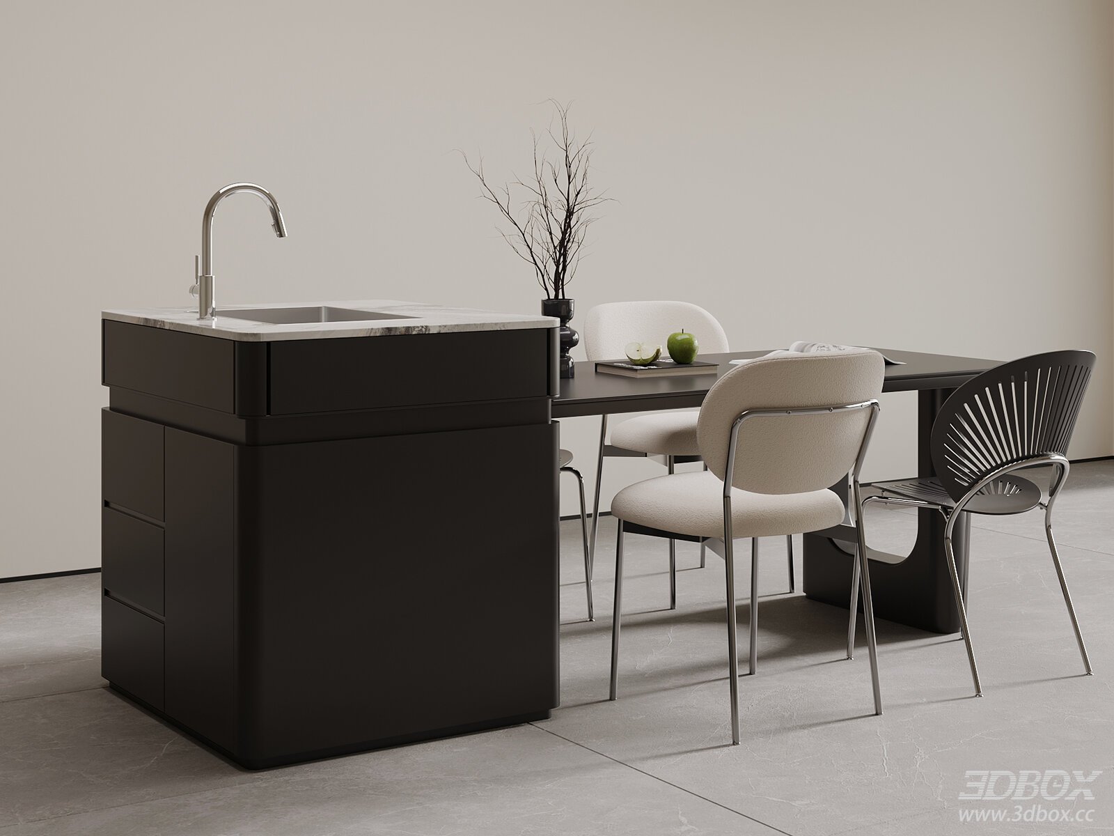 Modern Minimalist Kitchen Island with Dining Table and Chairs 3D model - front view