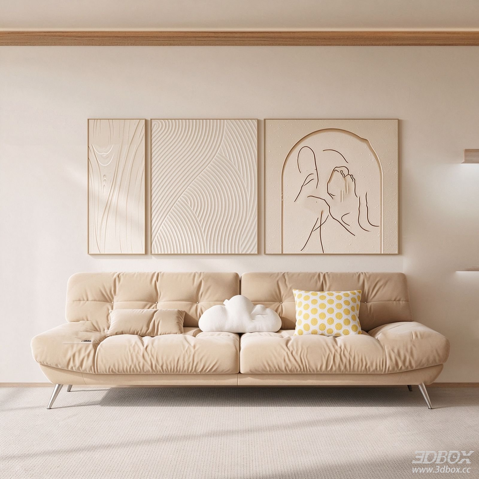 Cream Style Beige Fabric Three-seater Sofa Set 3D model - front view
