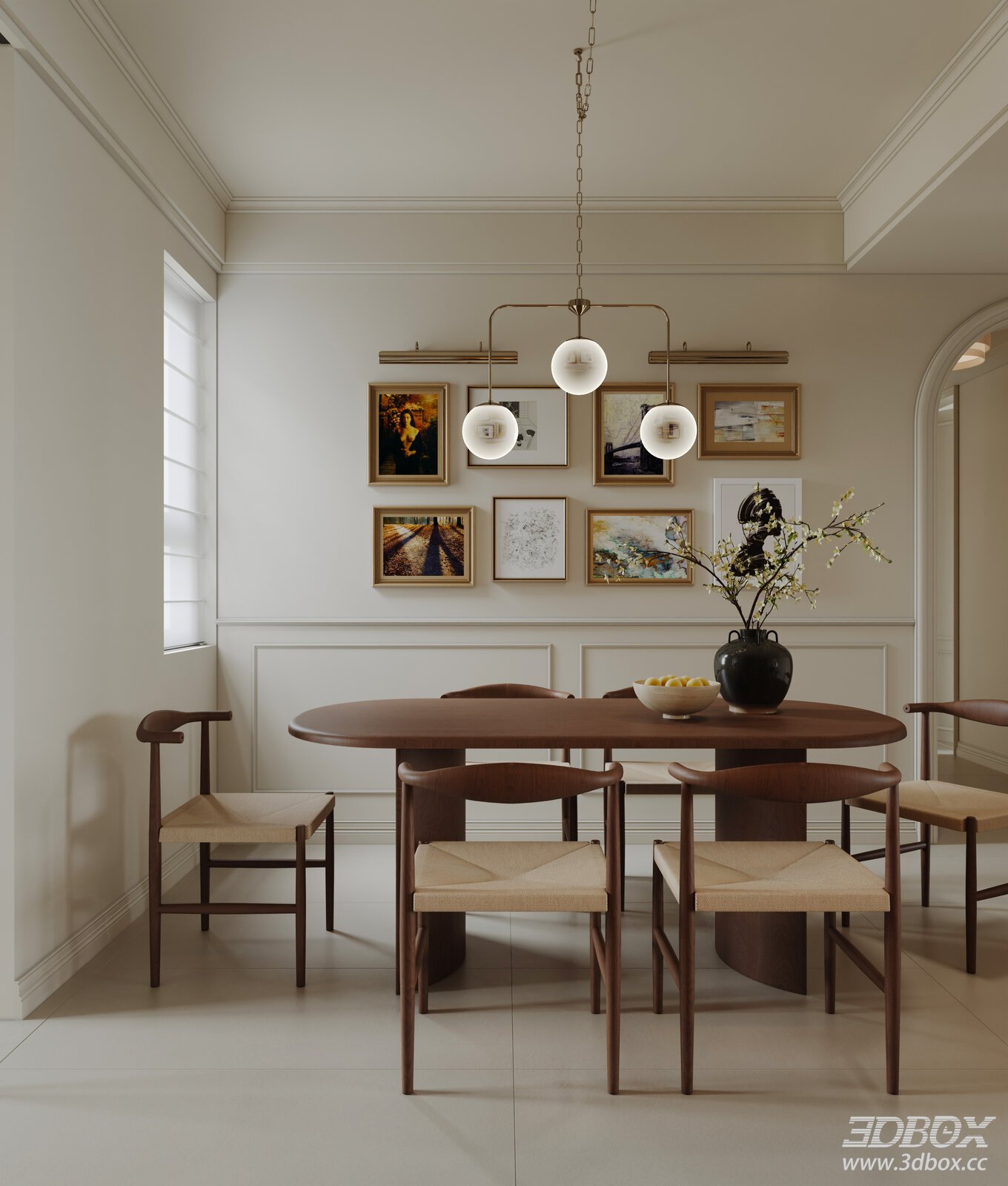 Modern Cream Style Dining Room with Wooden Furniture 3D model - front view