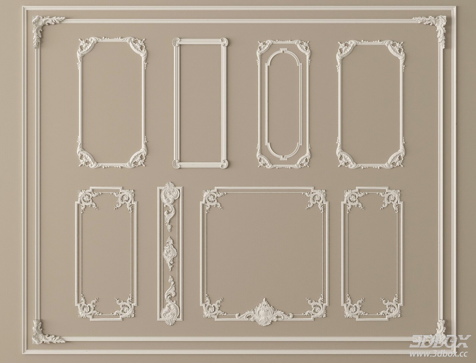 French Style Ornate Decorative Plaster Molding Frames Set 3D model - front view