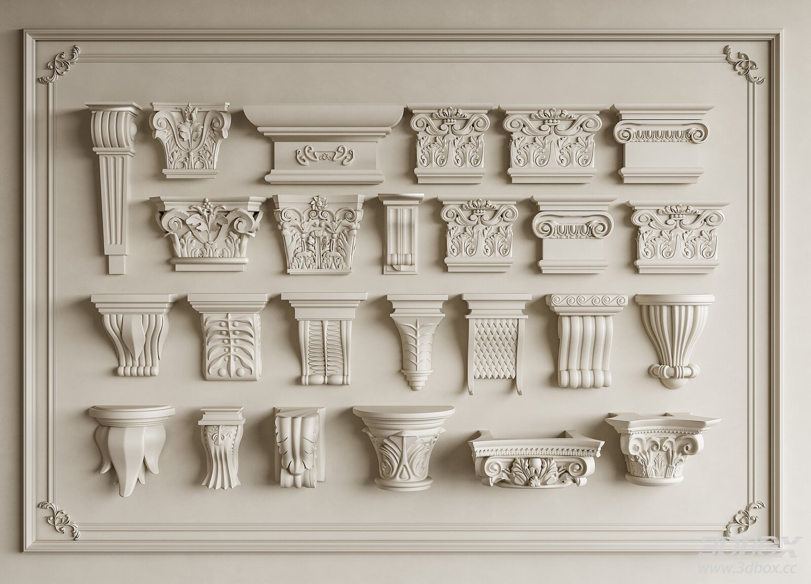 French Style Carved Plaster Corbels and Capitals Set 3D model - front view