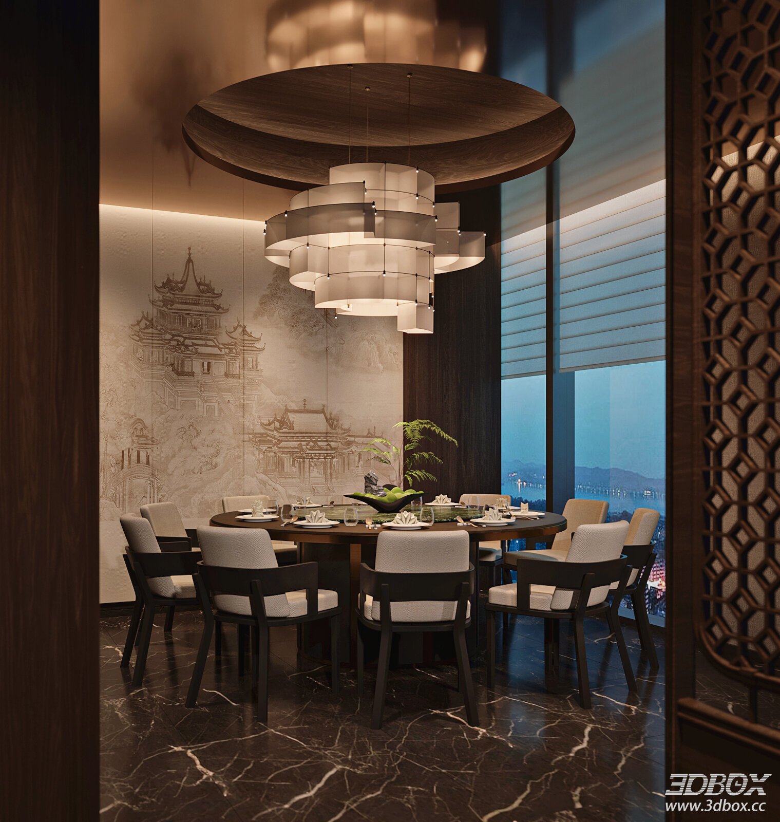 Modern Chinese Style Hotel Private Dining Room 3D model - front view