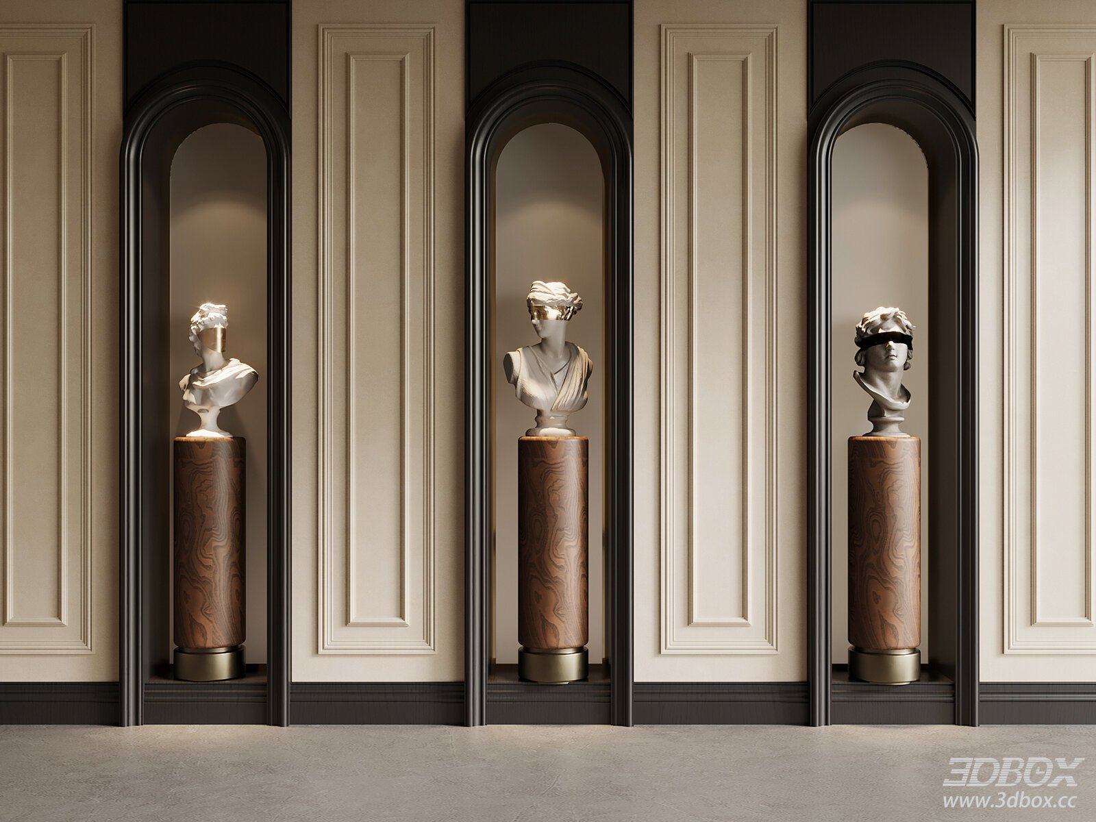 French Style Wall Panel Sculpture Bust Decor Set 3D model - front view