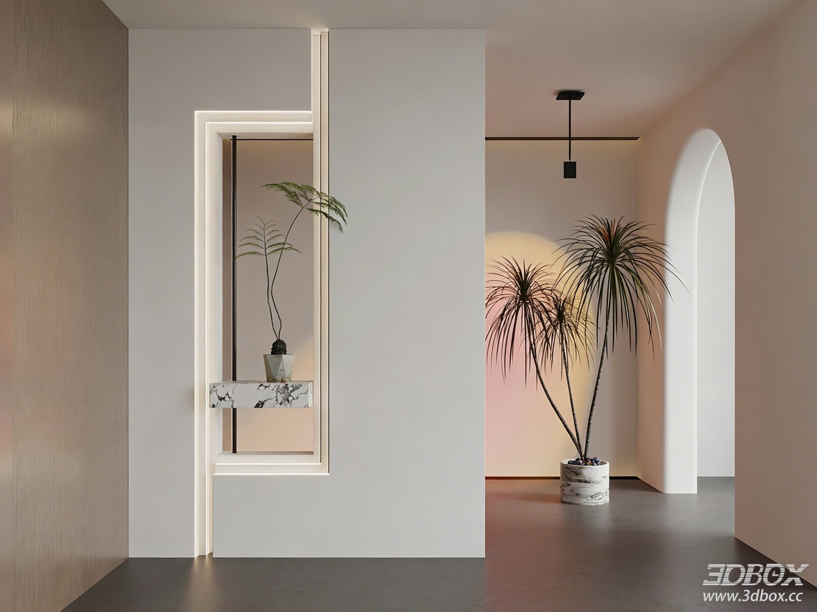 Modern Minimalist Hallway Partition Wall with Sunset Lamp and Indoor Plants 3D model - front view