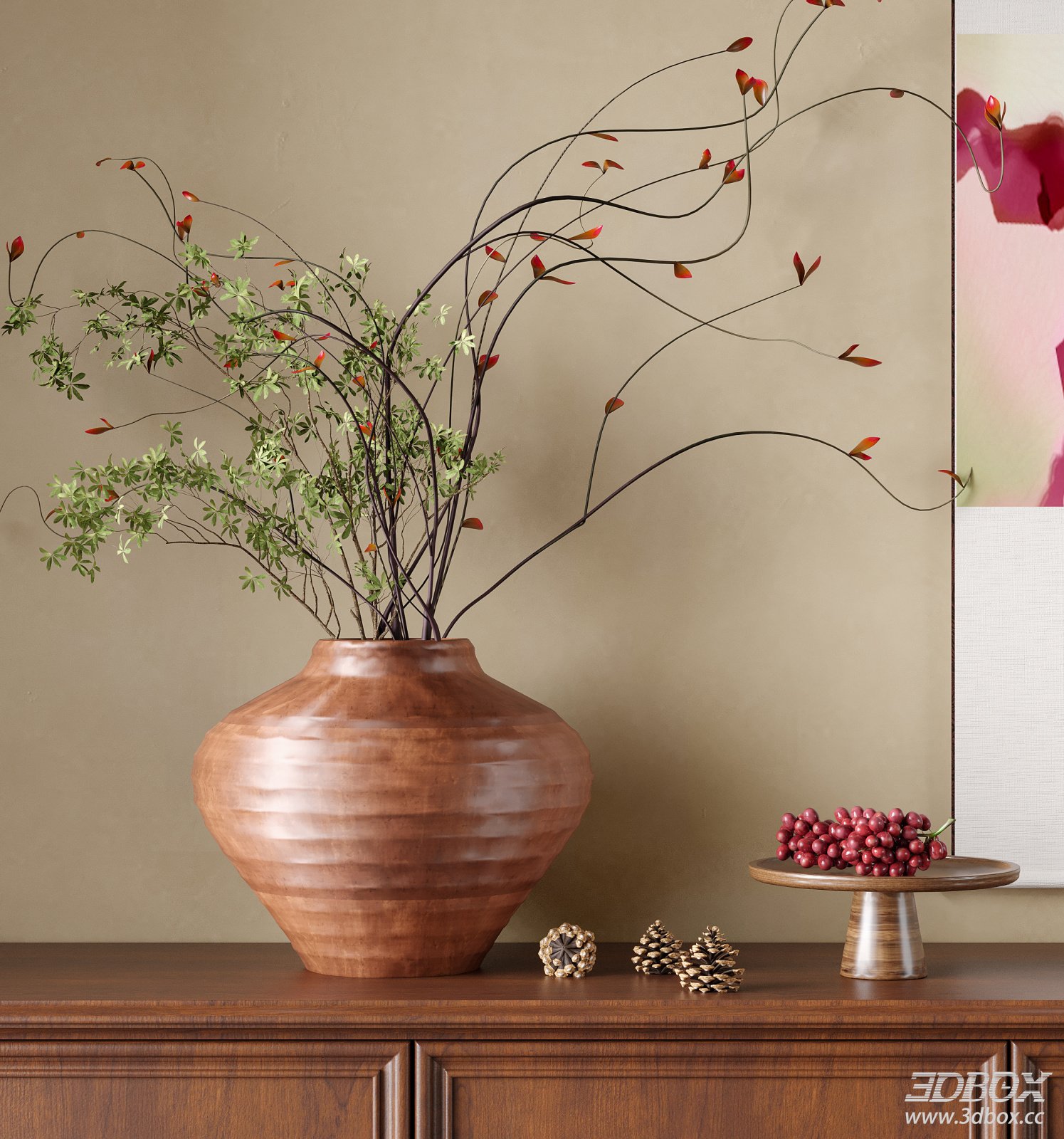 Modern Terracotta Vase Floral Arrangement Decor Set 3D model - front view