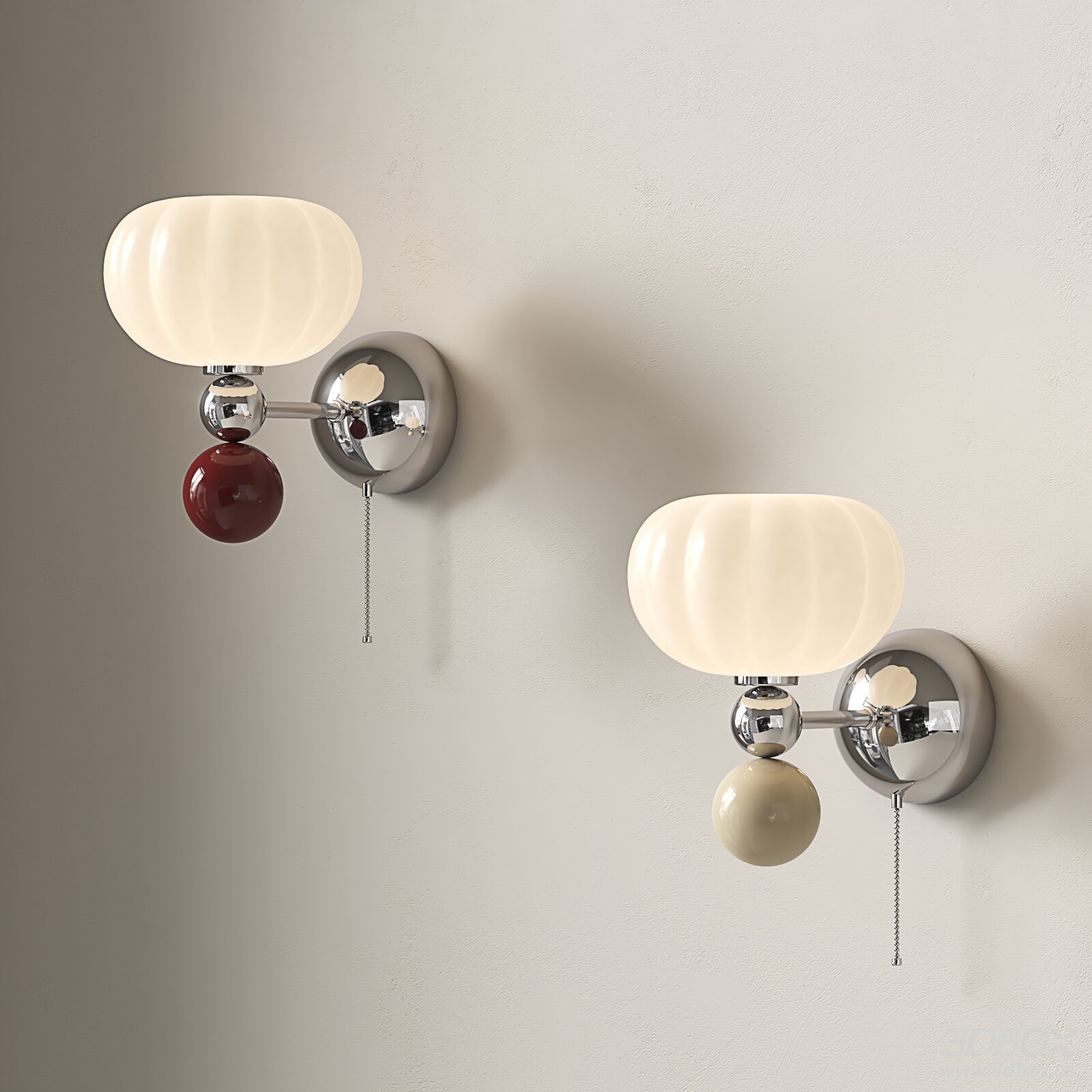 Vintage Mid-Century Cream Style Wall Lamp Set 3D model - front view