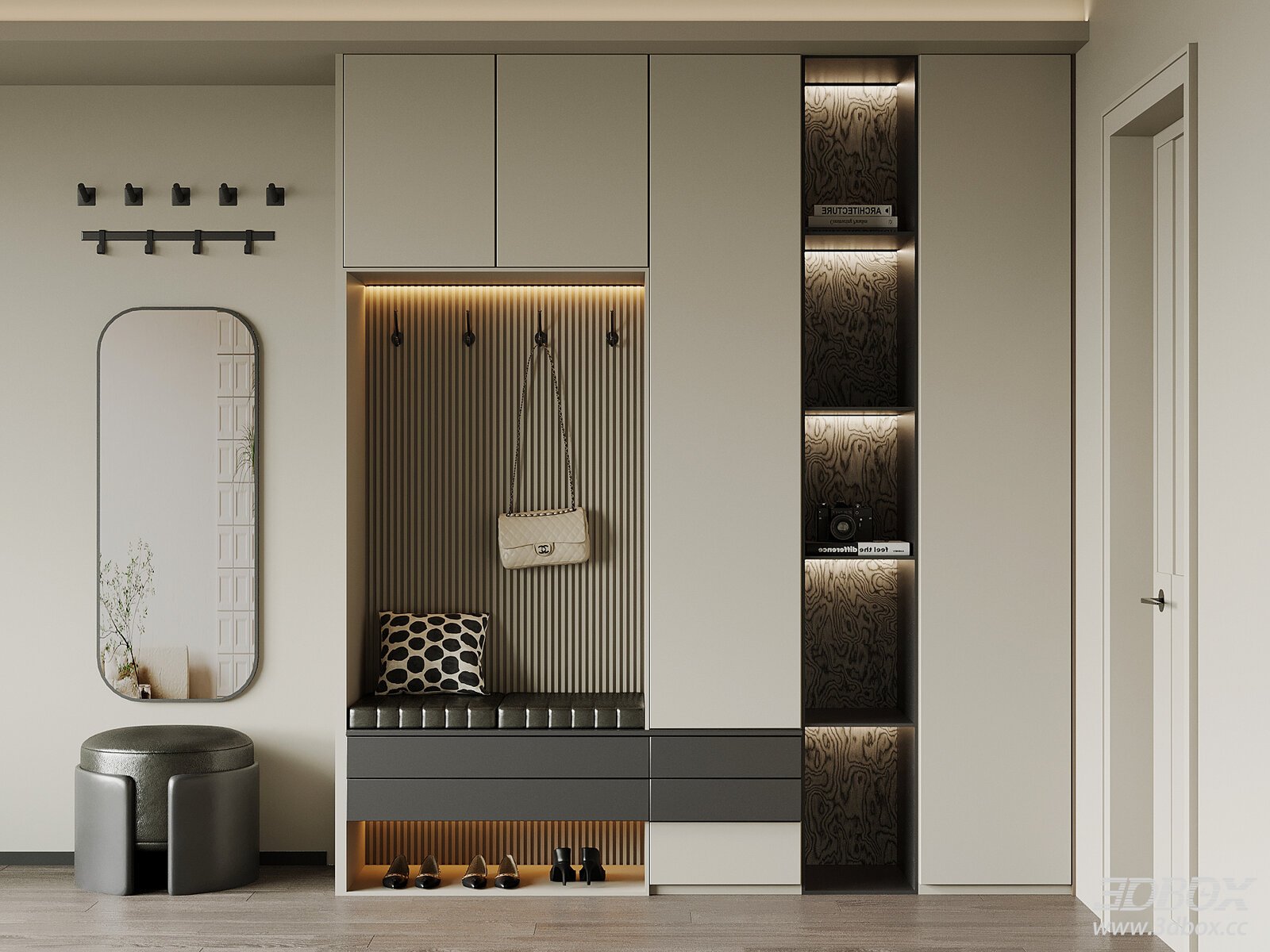 Modern Minimalist Hallway Shoe Cabinet with Mirror and Ottoman 3D model - front view