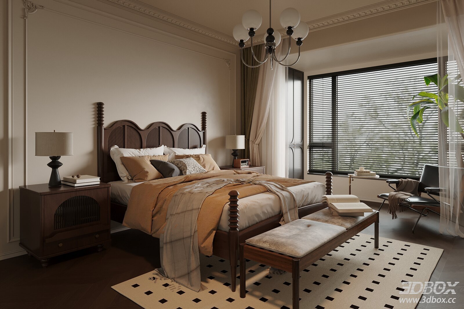 French Style Classic Double Bedroom Interior Scene 3D model - front view