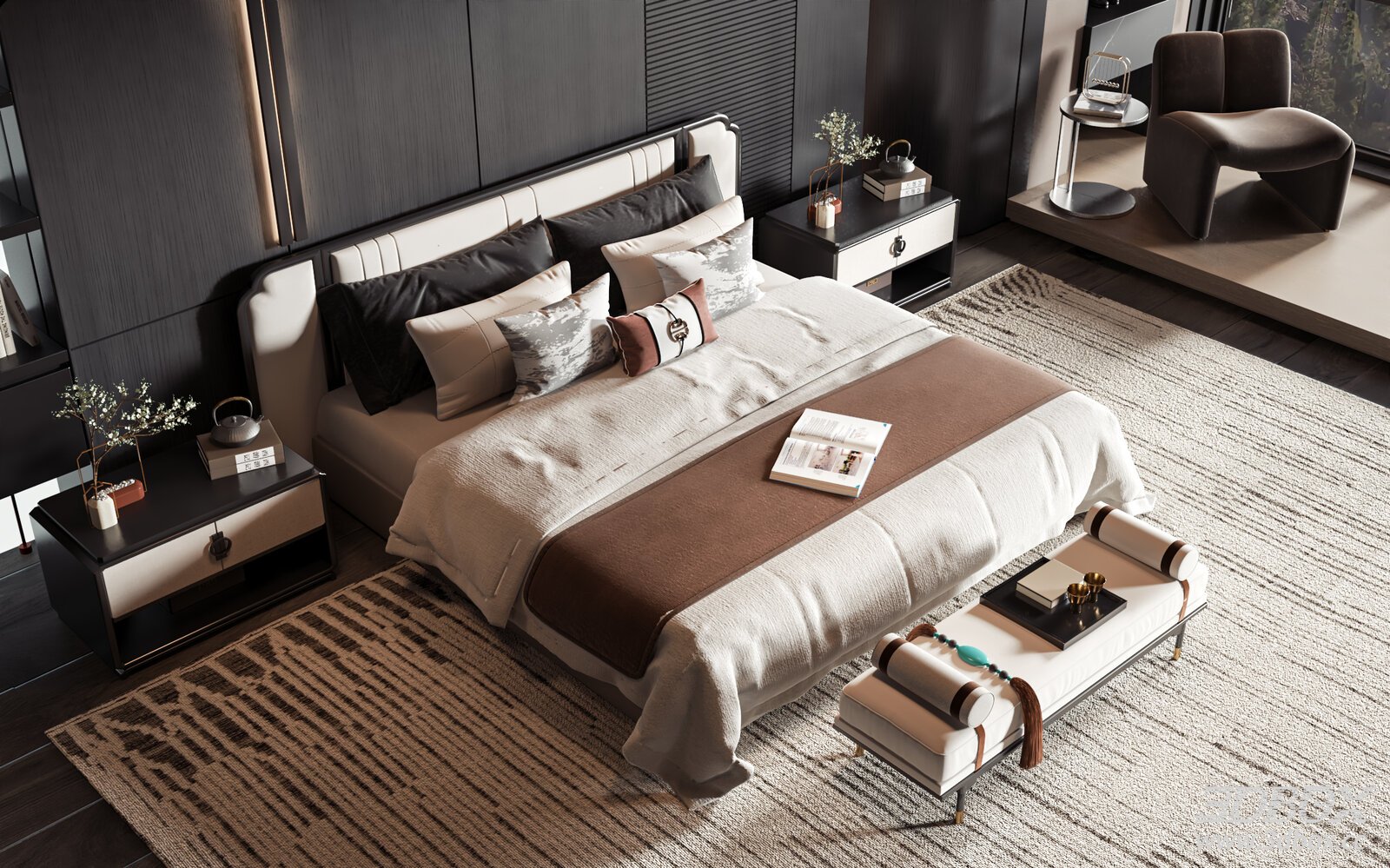 New Chinese Style Modern Bedroom Interior Scene 3D model - front view
