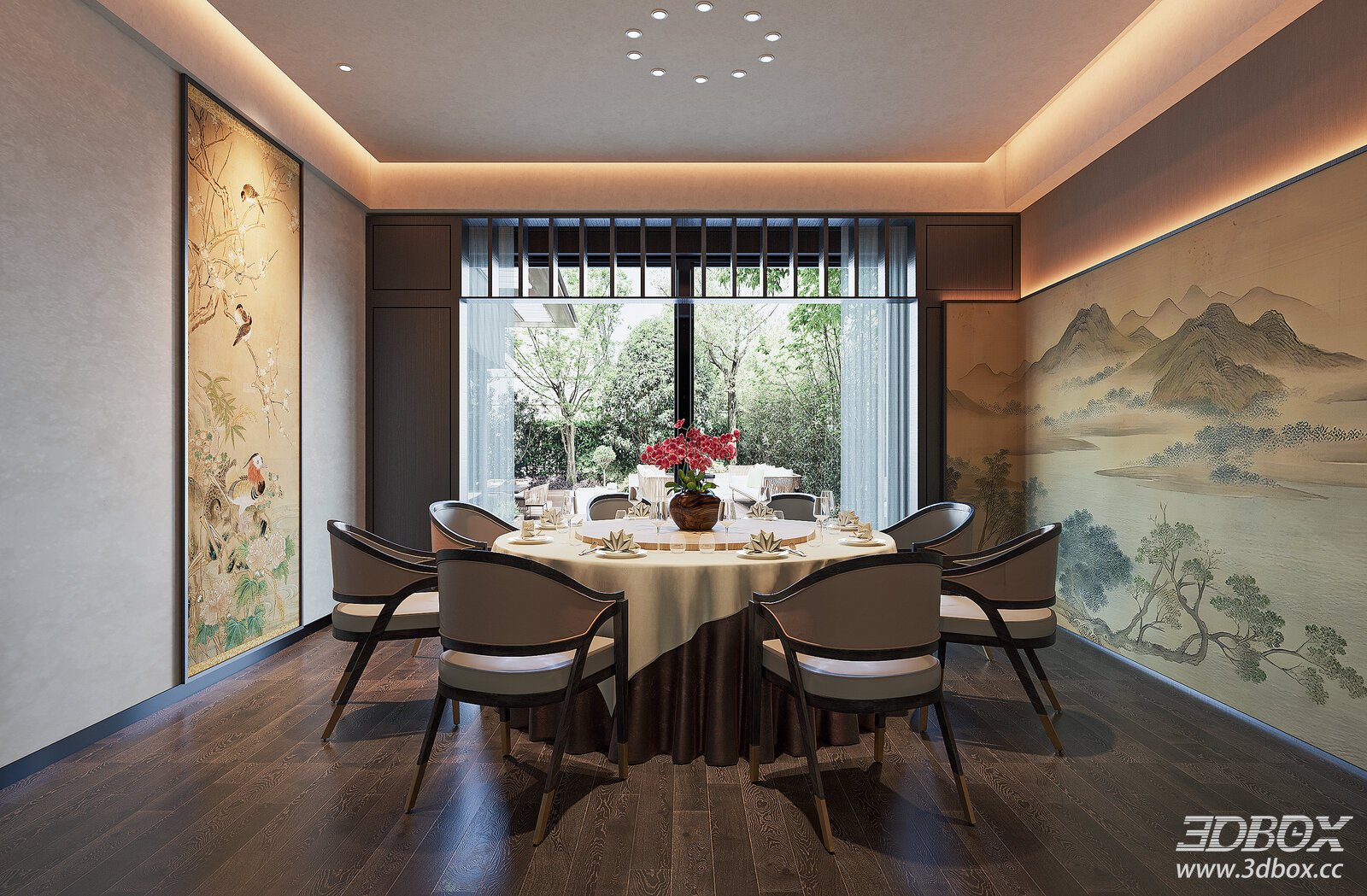 New Chinese Style Private Dining Room Interior 3D model - front view