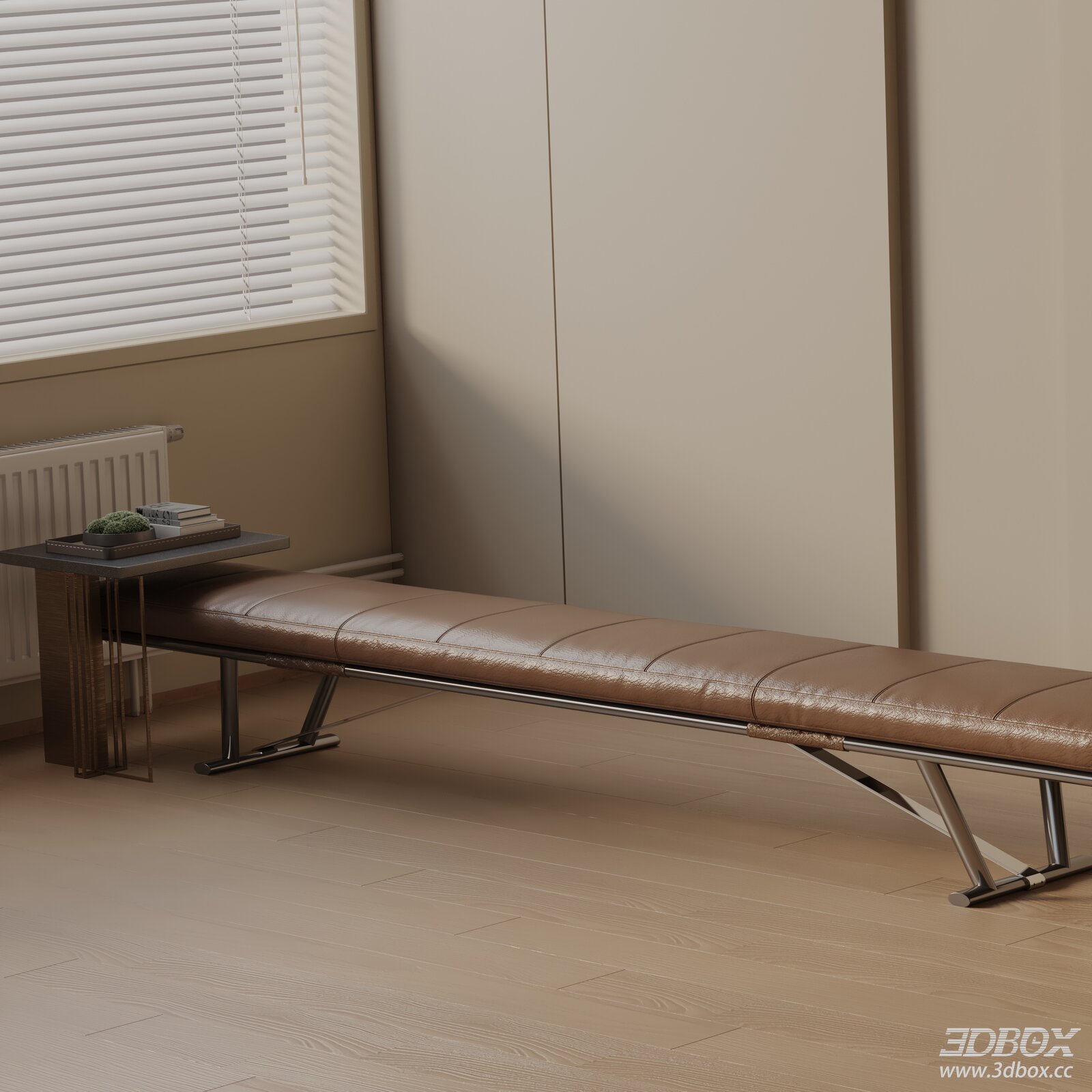 Modern Leather Entry Bench with Metal Frame 3D model - front view