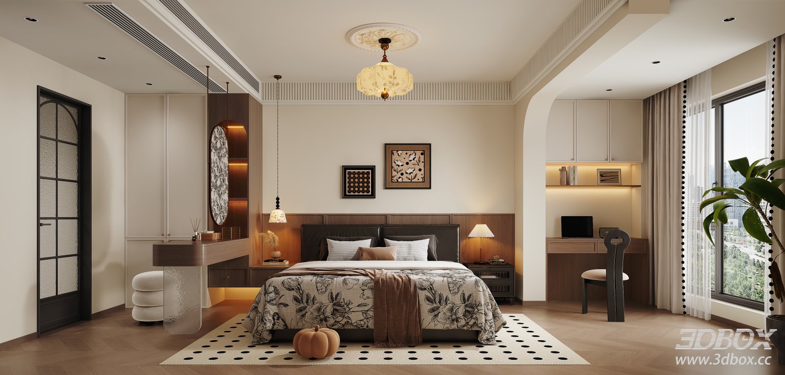 French Vintage Mid-Century Bedroom Interior Scene 3D model - front view