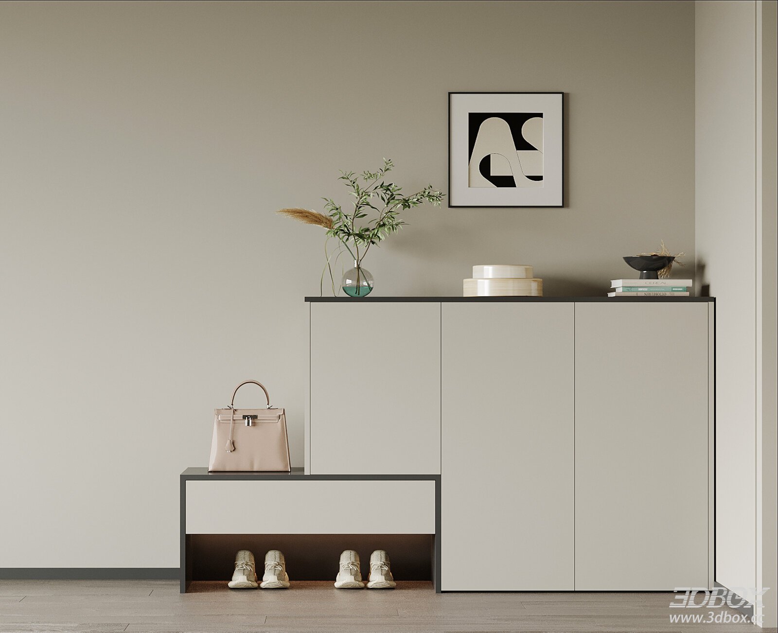 Modern Minimalist Hallway Shoe Cabinet with Decor 3D model - front view