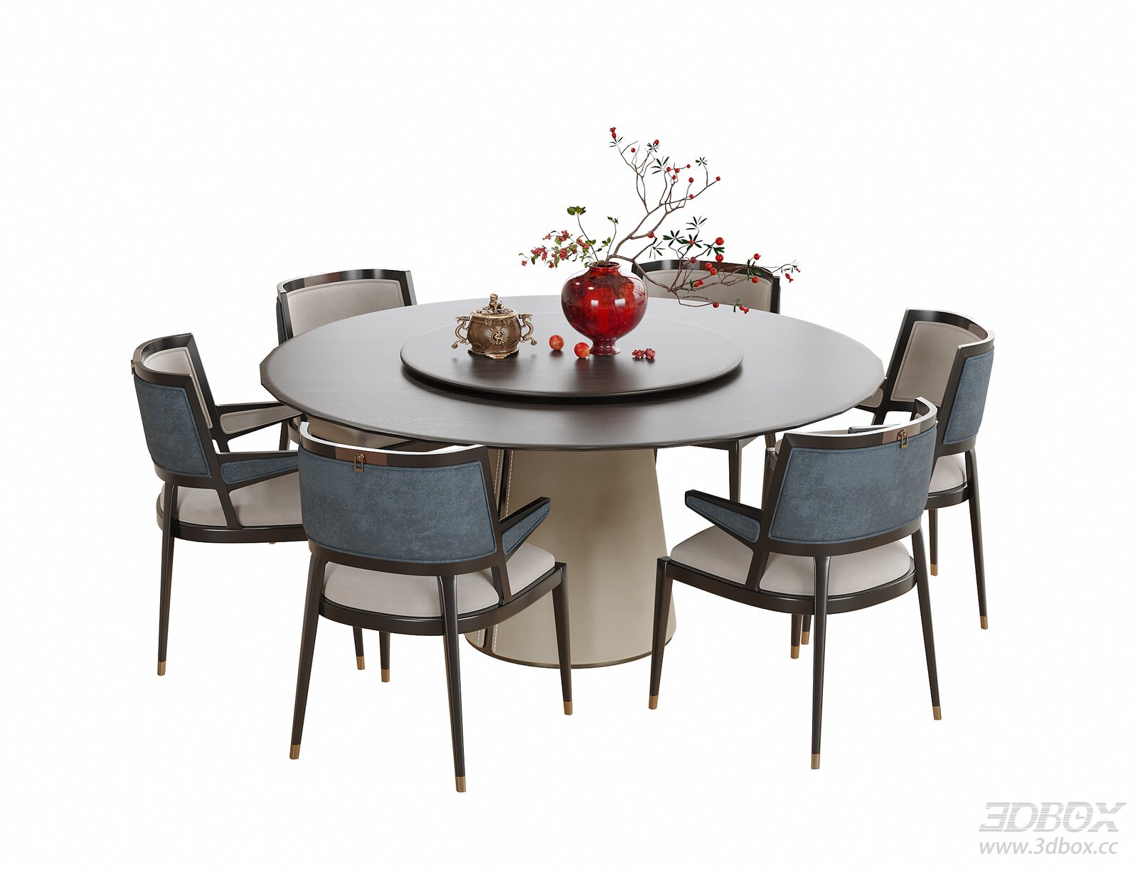 New Chinese Style Round Dining Table and Chairs Set 3D model - front view