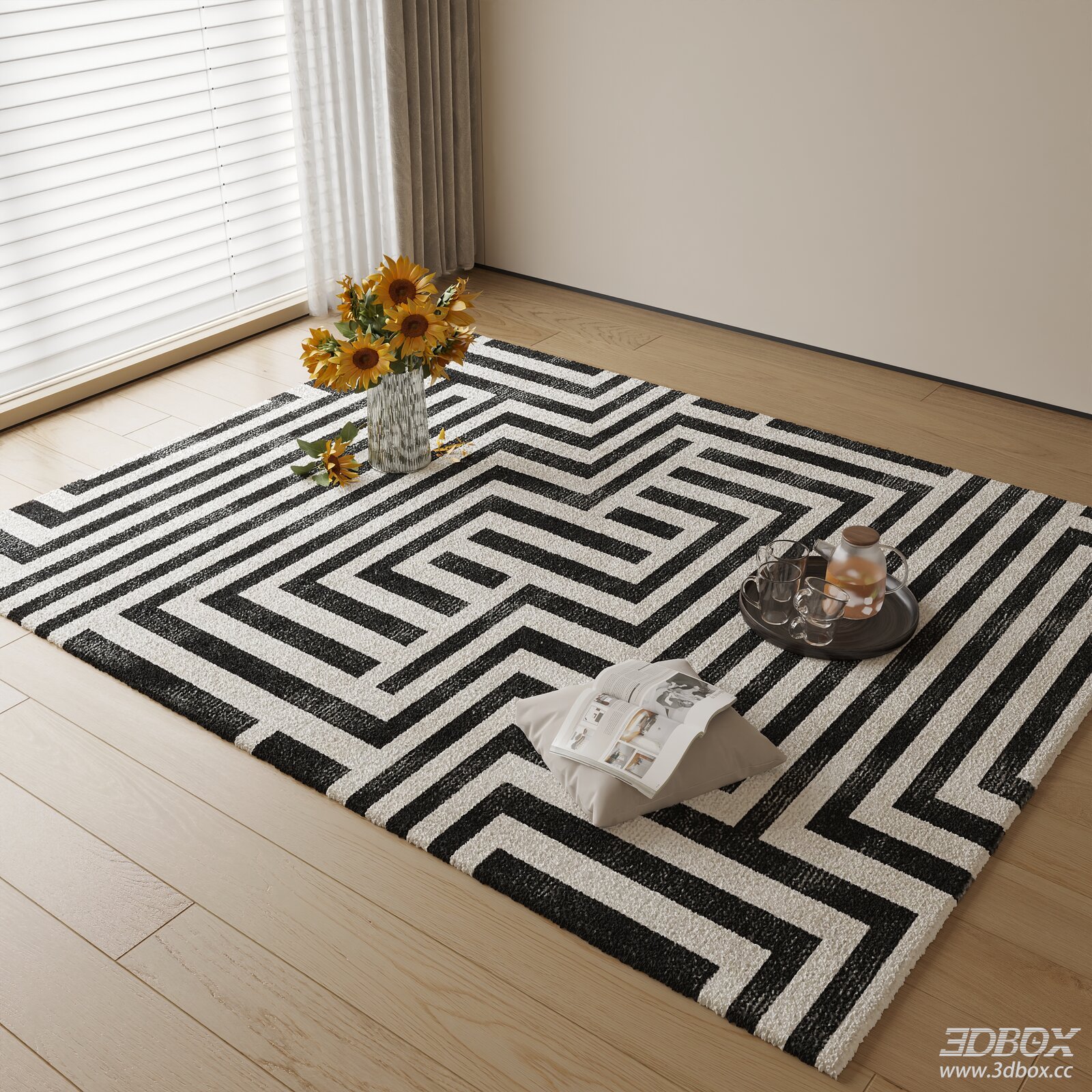 Black White Geometric Pattern Carpet 3D model - front view