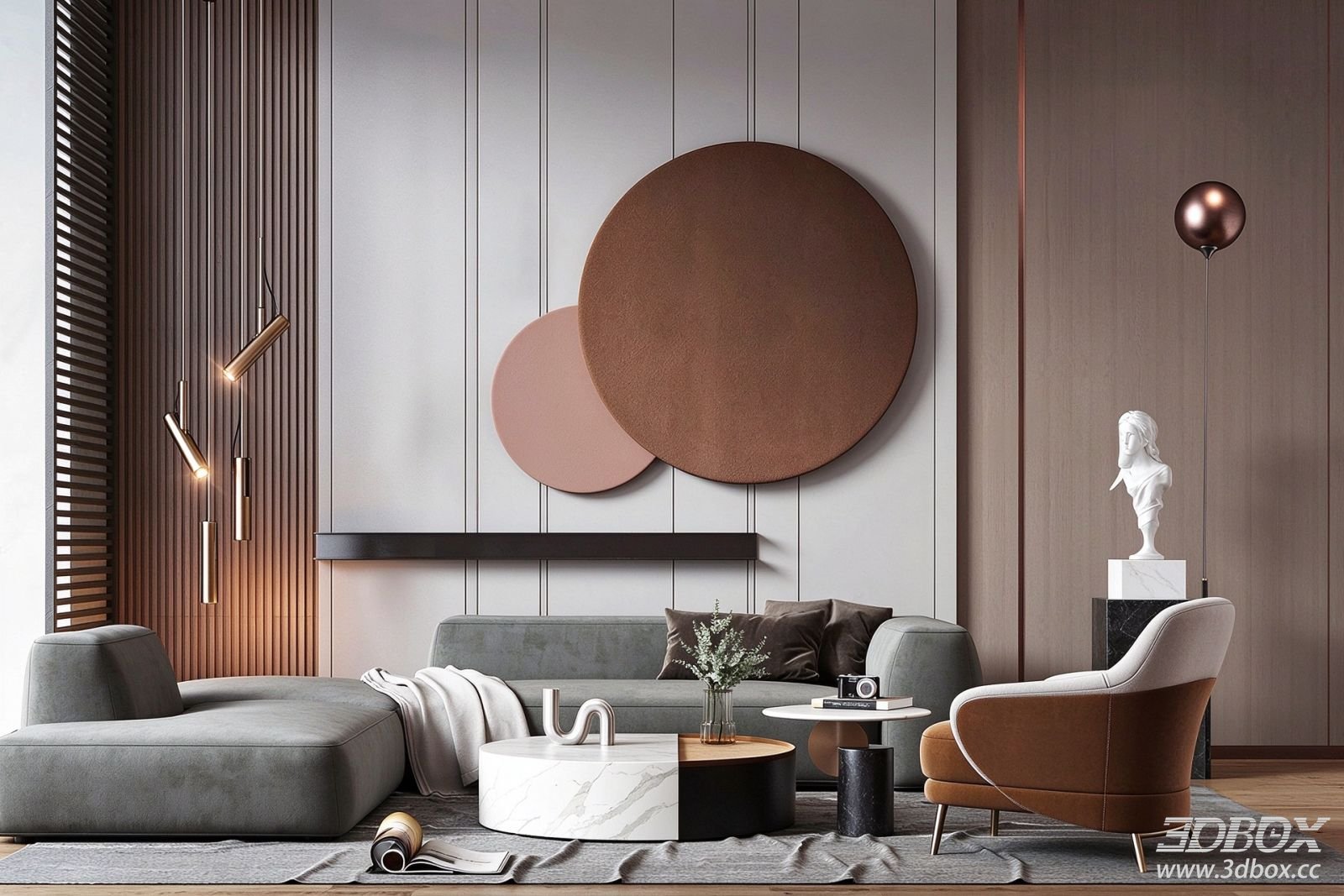 Modern Luxury Living Room with Velvet Sofa and Coffee Table 3D model - front view