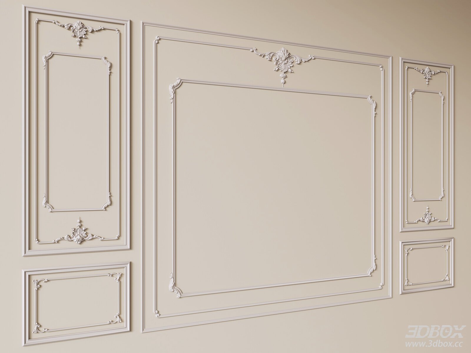 French Style Carved Decorative Plaster Wall Molding Set 3D model - front view