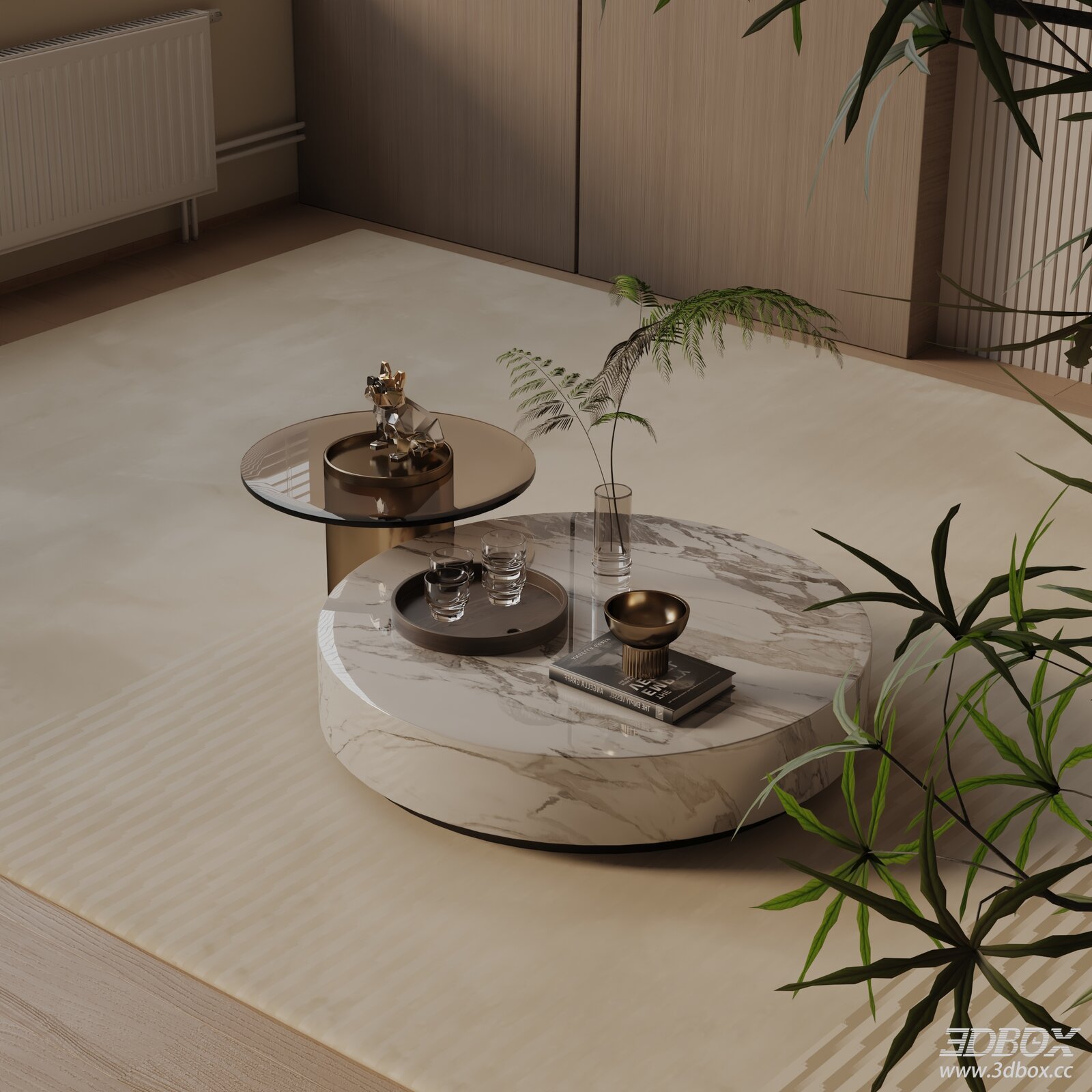 Modern Marble Glass Coffee Table Set 3D model - front view