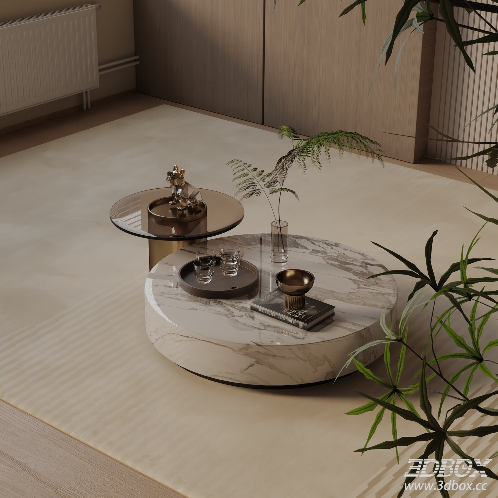 Modern Marble Glass Coffee Table Set 3D model - thumbnail 1