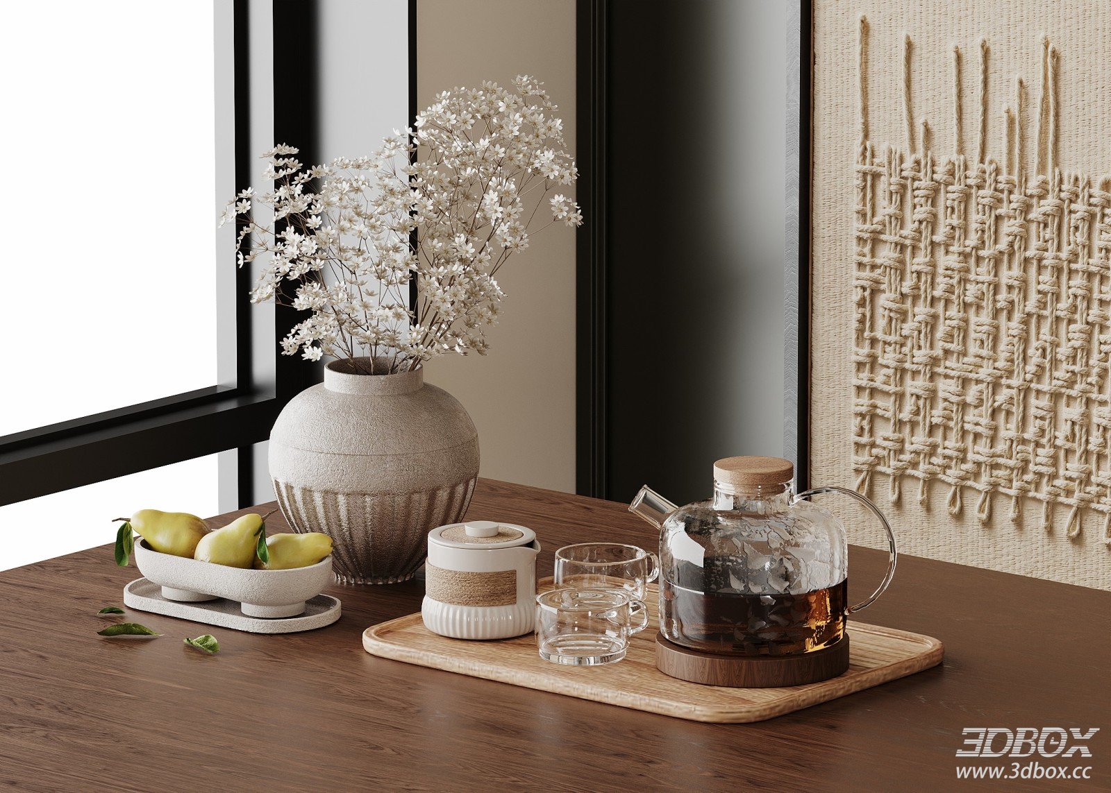 Wabi Sabi Table Decor Set Tea Set Vase Dried Flower Fruit Tray 3D model - front view