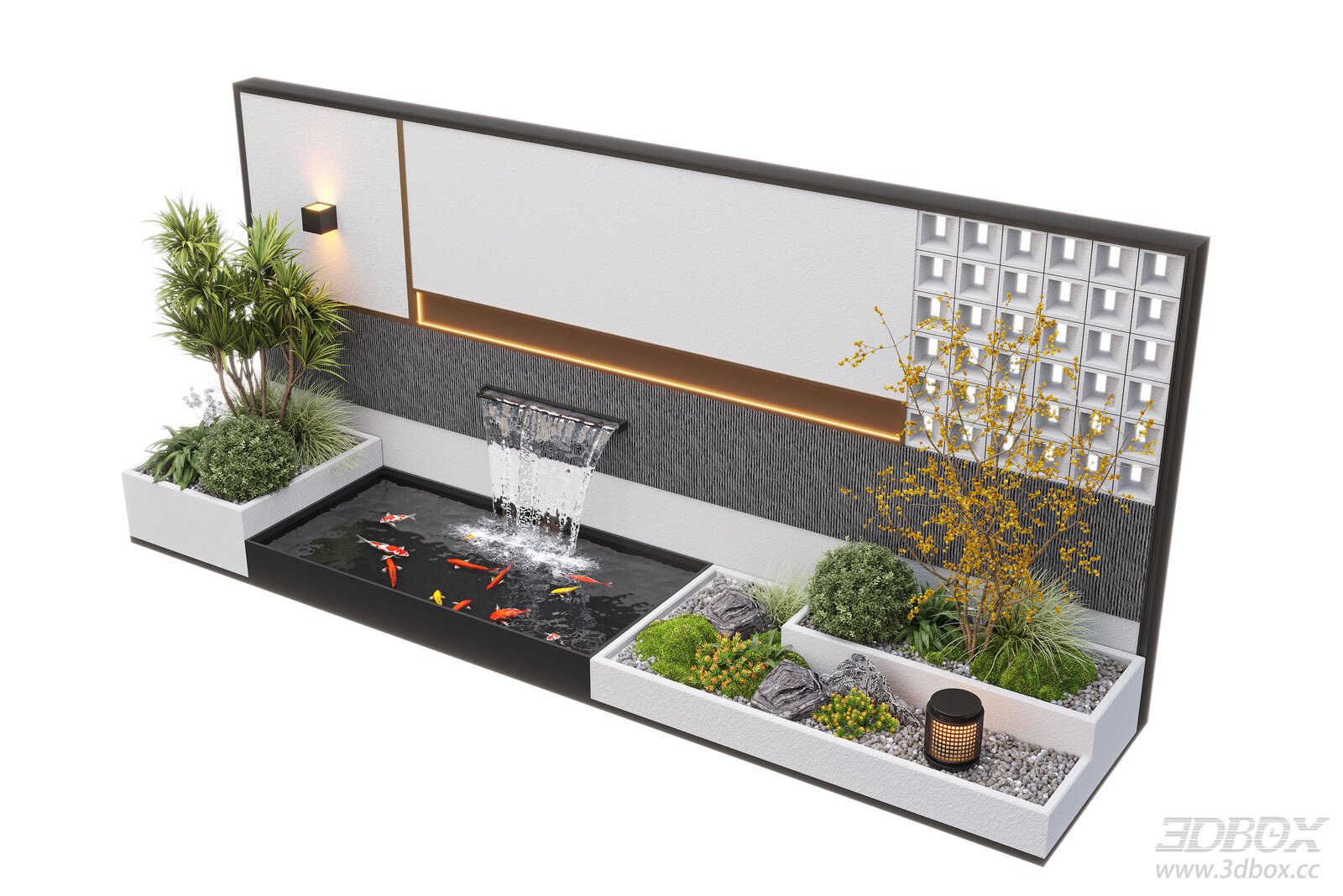 Modern Courtyard Water Feature Wall Koi Pond Landscape 3D model - front view