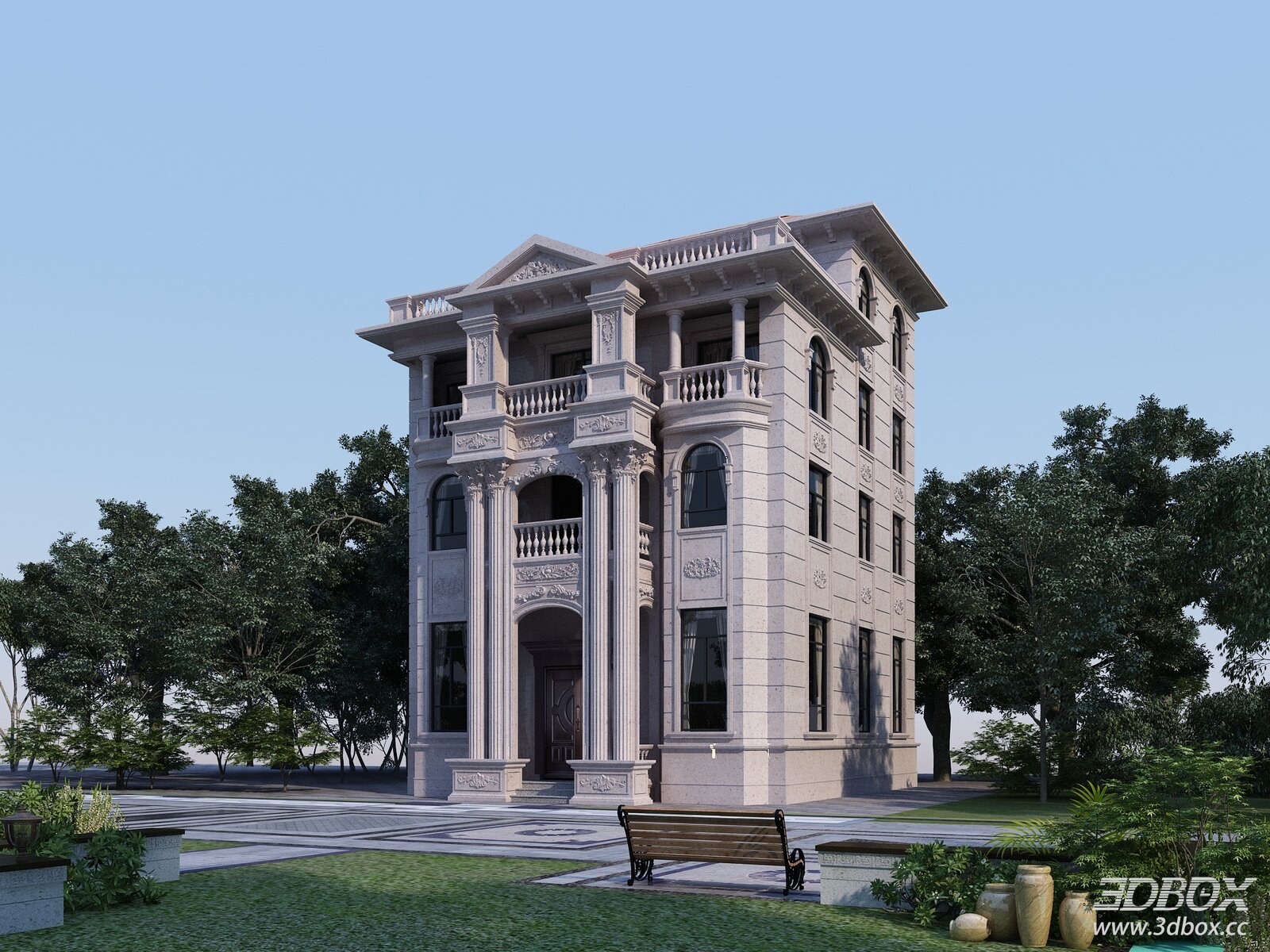 European Style Luxury Villa Exterior Scene 3D model - front view