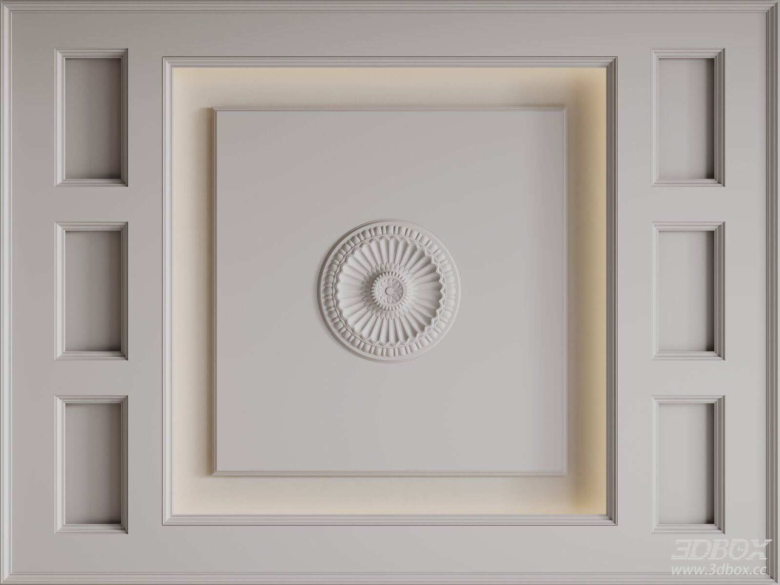 Classic Decorative Plaster Ceiling with Medallion 3D model - front view