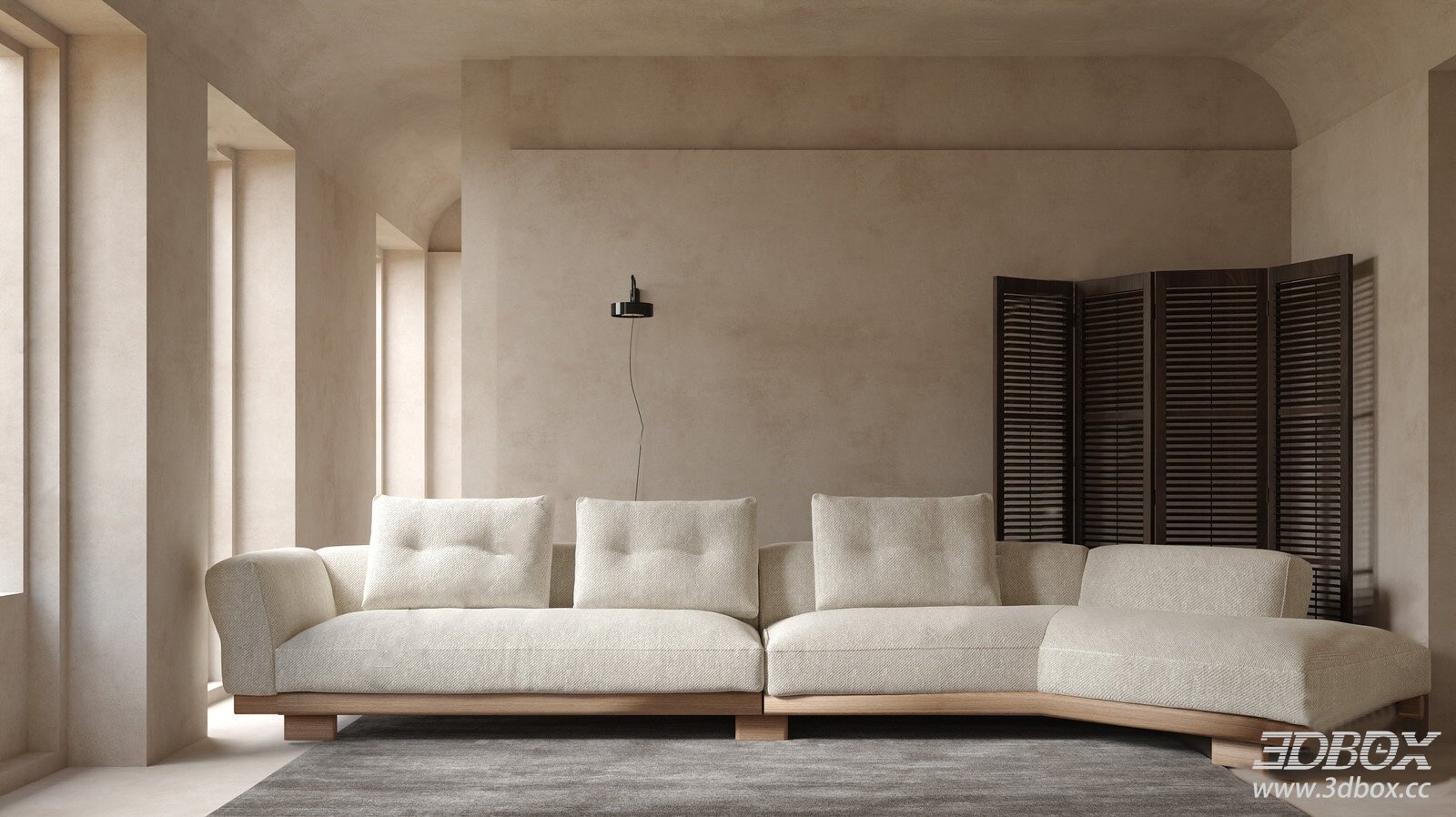 Modern Linen Modular Sofa Set With Wooden Base Wabi Sabi Style 3D model - front view