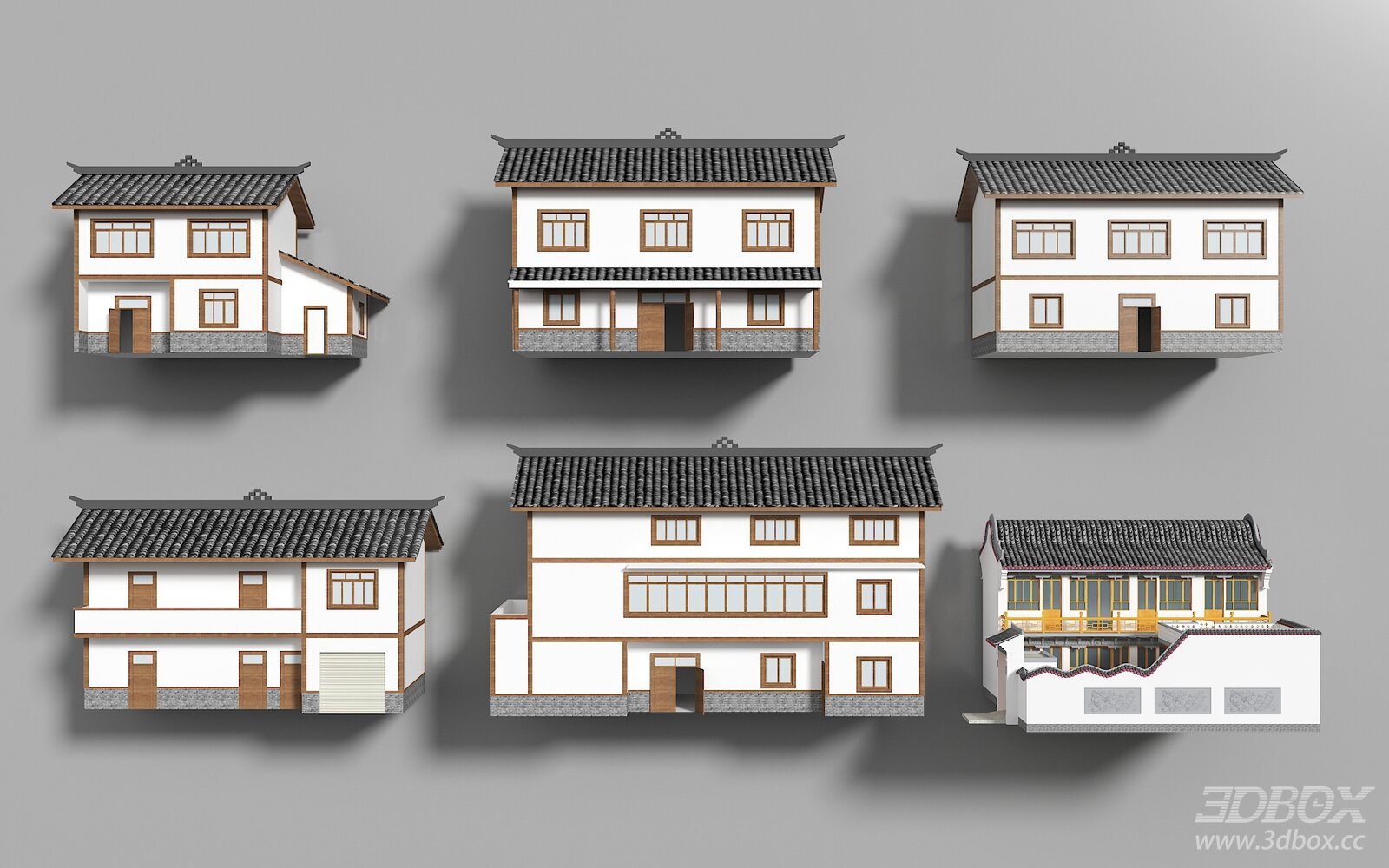 New Chinese Style Rural Homestay Villa Exterior Set 3D model - front view