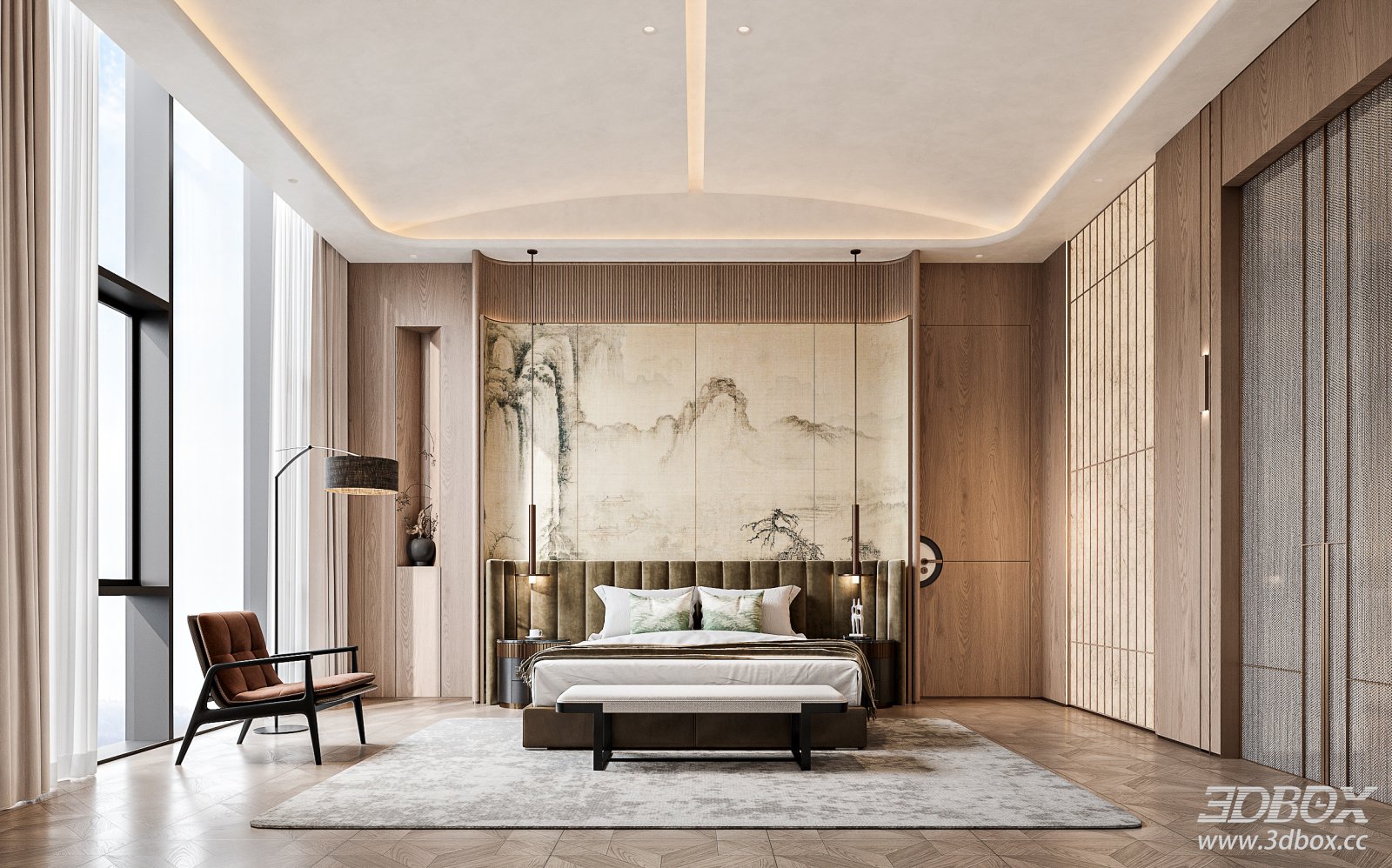 New Chinese Style Luxury Modern Bedroom Interior 3D model - front view