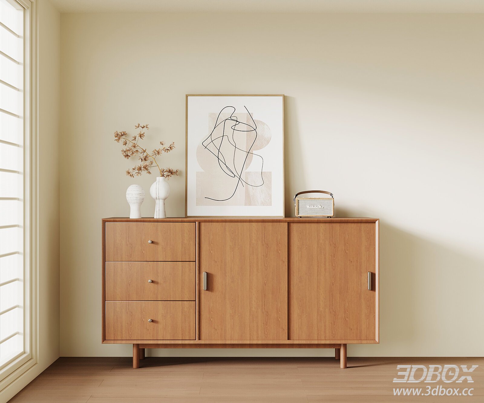 Mid Century Wooden Sideboard with Decor Set 3D model - thumbnail 1