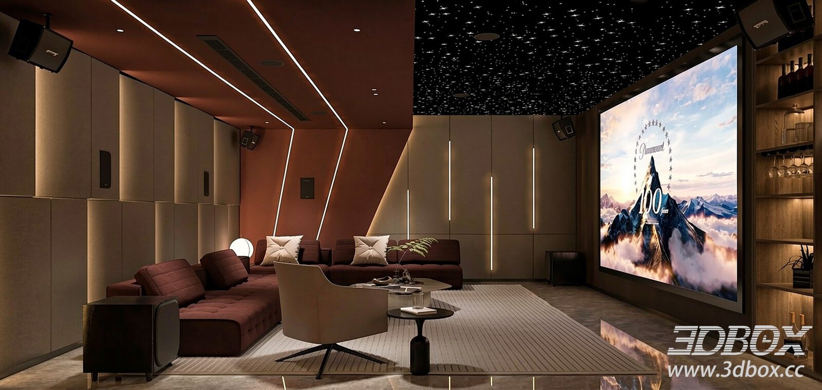 Modern Luxury Home Theater Interior Scene 3D model - thumbnail 1