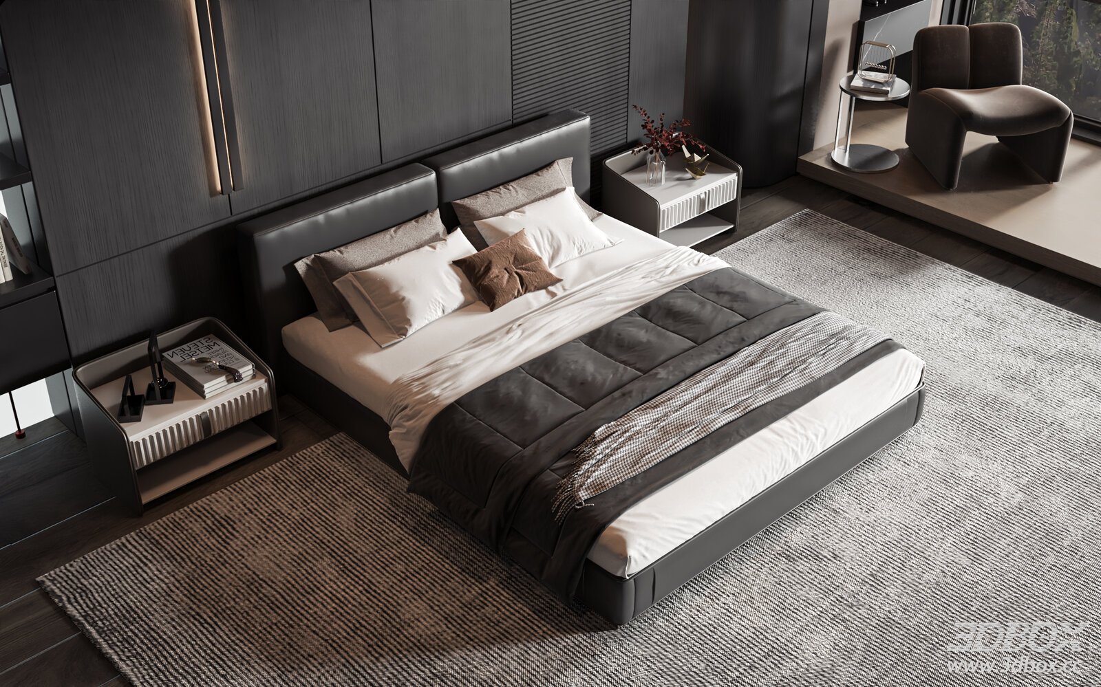Modern Luxury Dark Style Bedroom Scene 3D model - front view