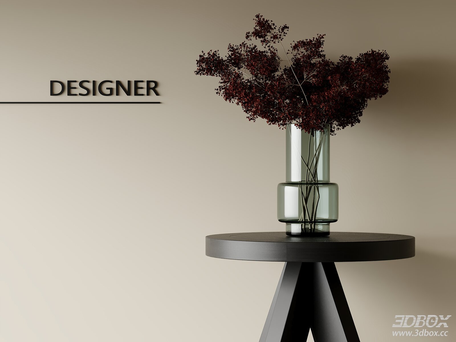 Dried Dark Red Flower Bouquet with Glass Vase Decor Set 3D model - front view