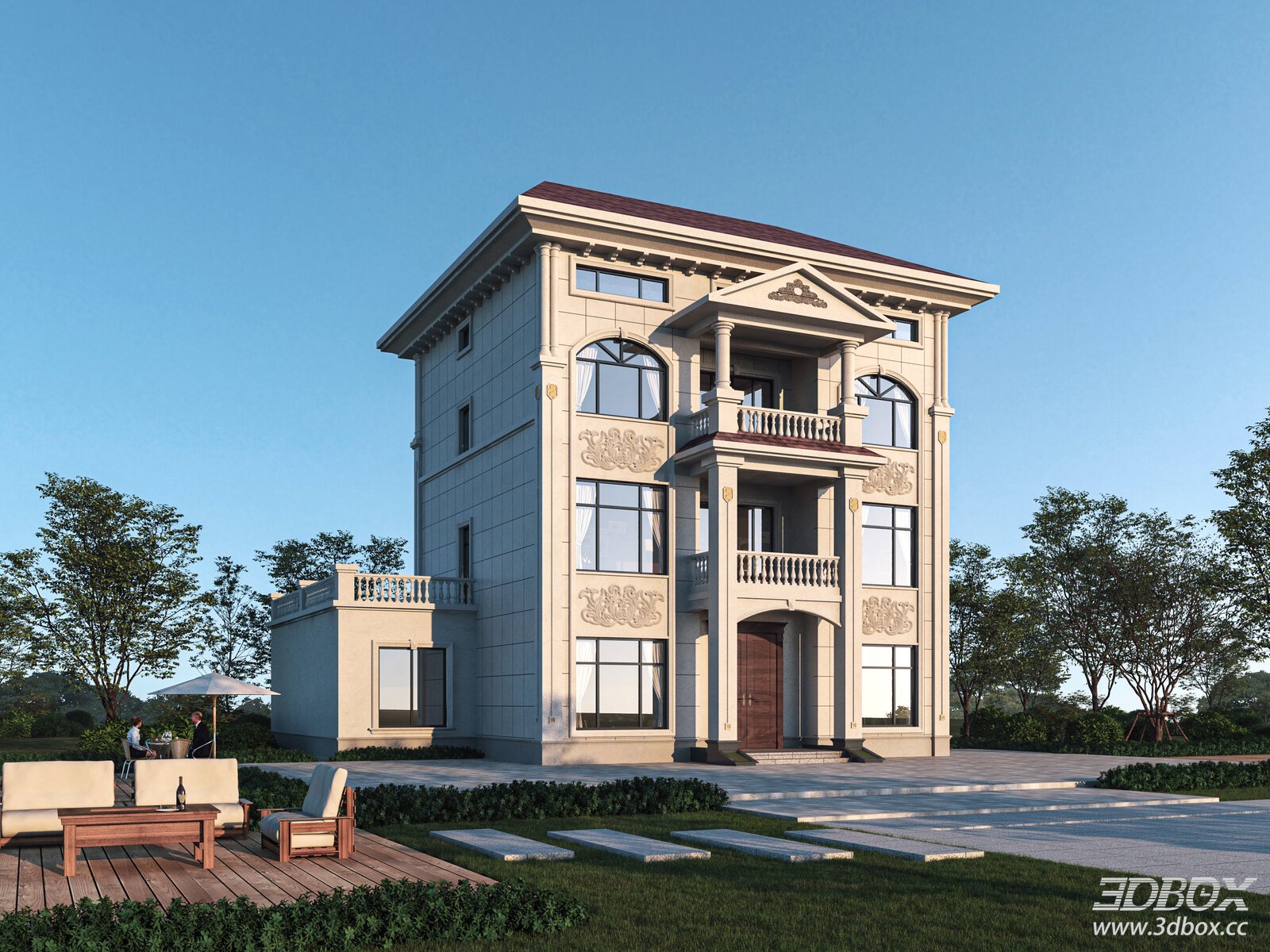 Neoclassical Luxury Villa Exterior Scene 3D model - front view