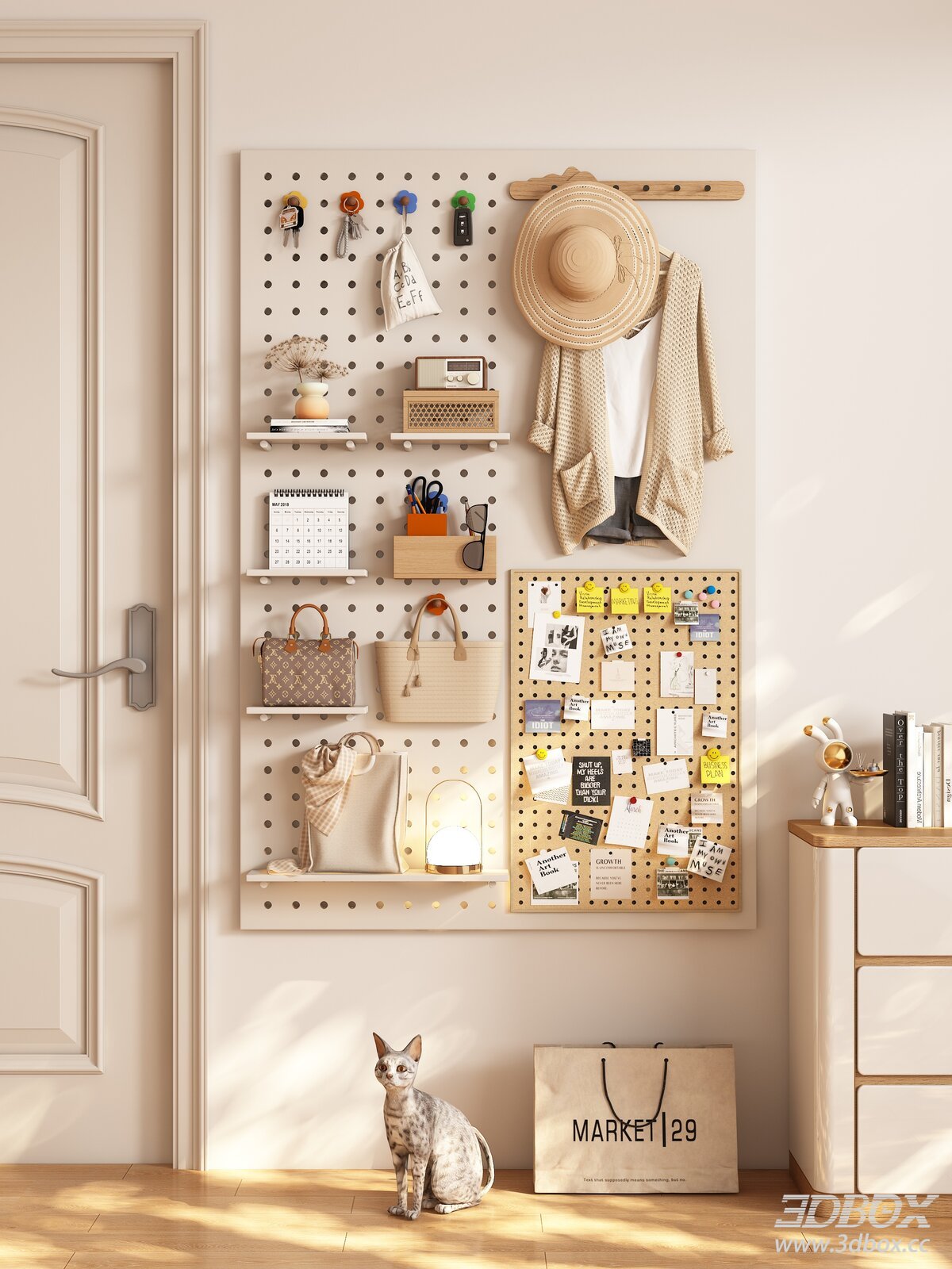 Modern Cream Style Pegboard Wall Storage Rack Set 3D model - front view