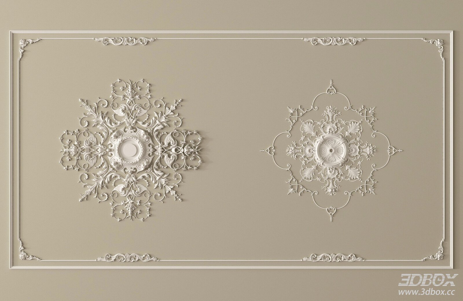 French Style Carved Gypsum Decorative Plaster Set 3D model - front view